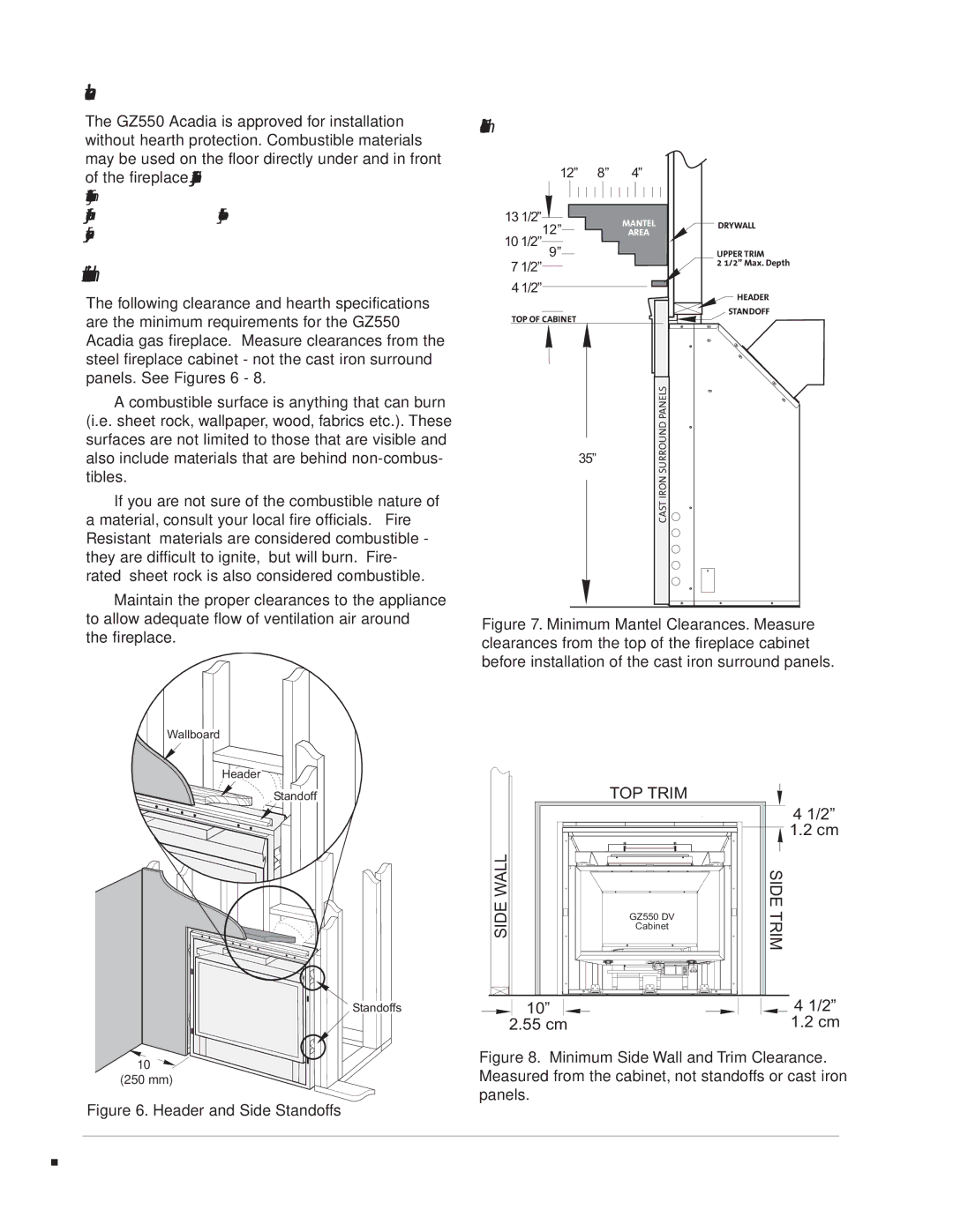 Jotul GZ 550 DV II manual Hearth Protection, Facing and Clearance Requirements, Mantel and Trim Clearance 