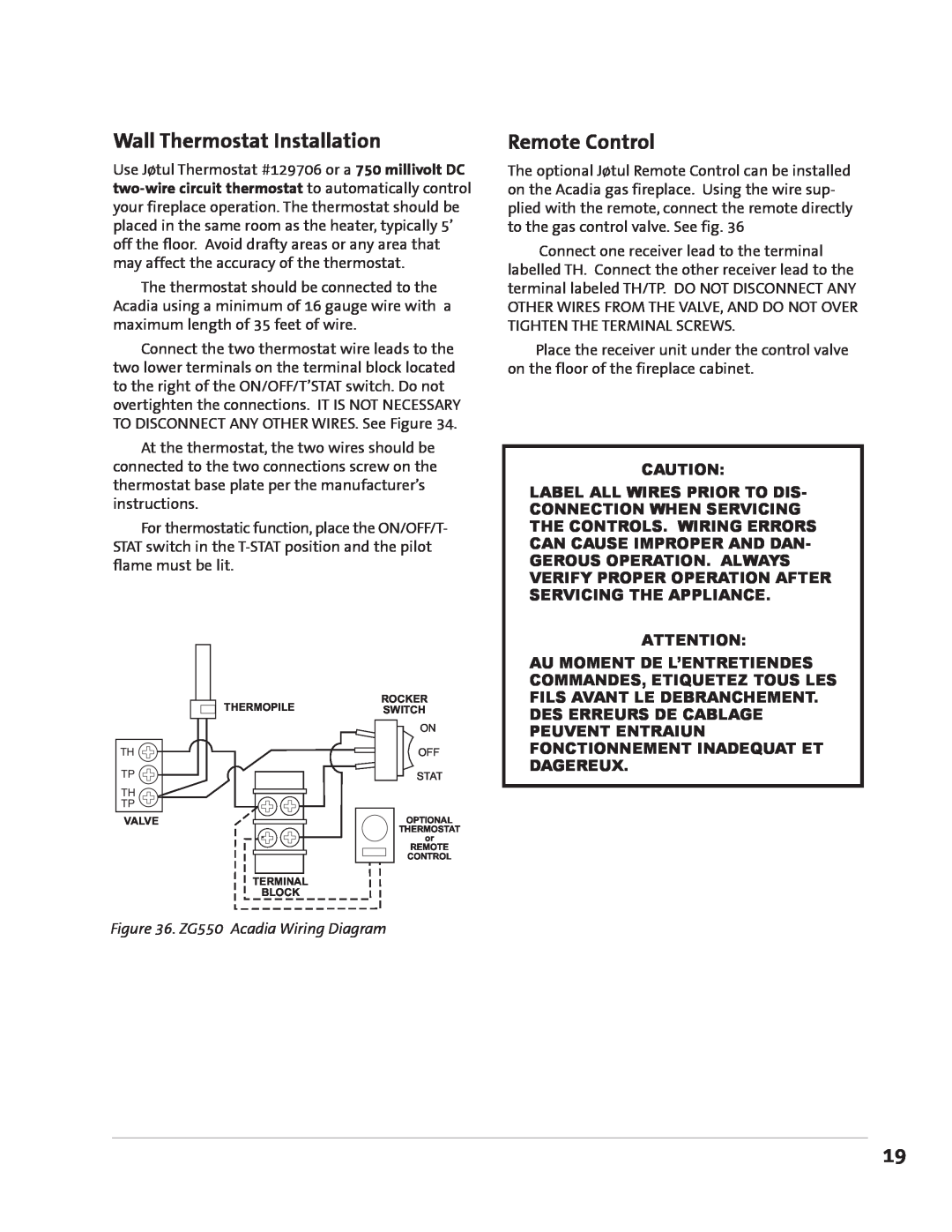Jotul GZ 550 DV II manual Wall Thermostat Installation, Remote Control, ZG550 Acadia Wiring Diagram 