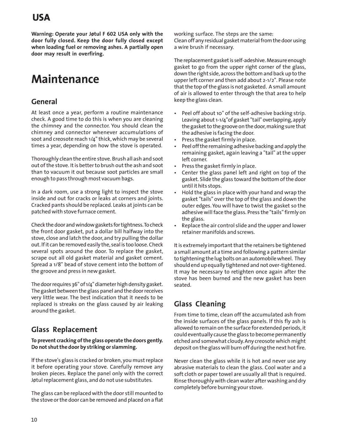 Jotul Wood Stove manual Maintenance, General, Glass Replacement, Glass Cleaning 