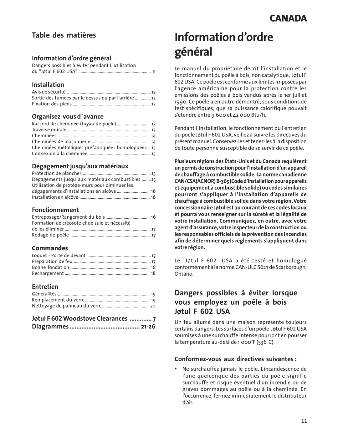 Jotul Wood Stove manual Information d’ordre général, Table des matières 