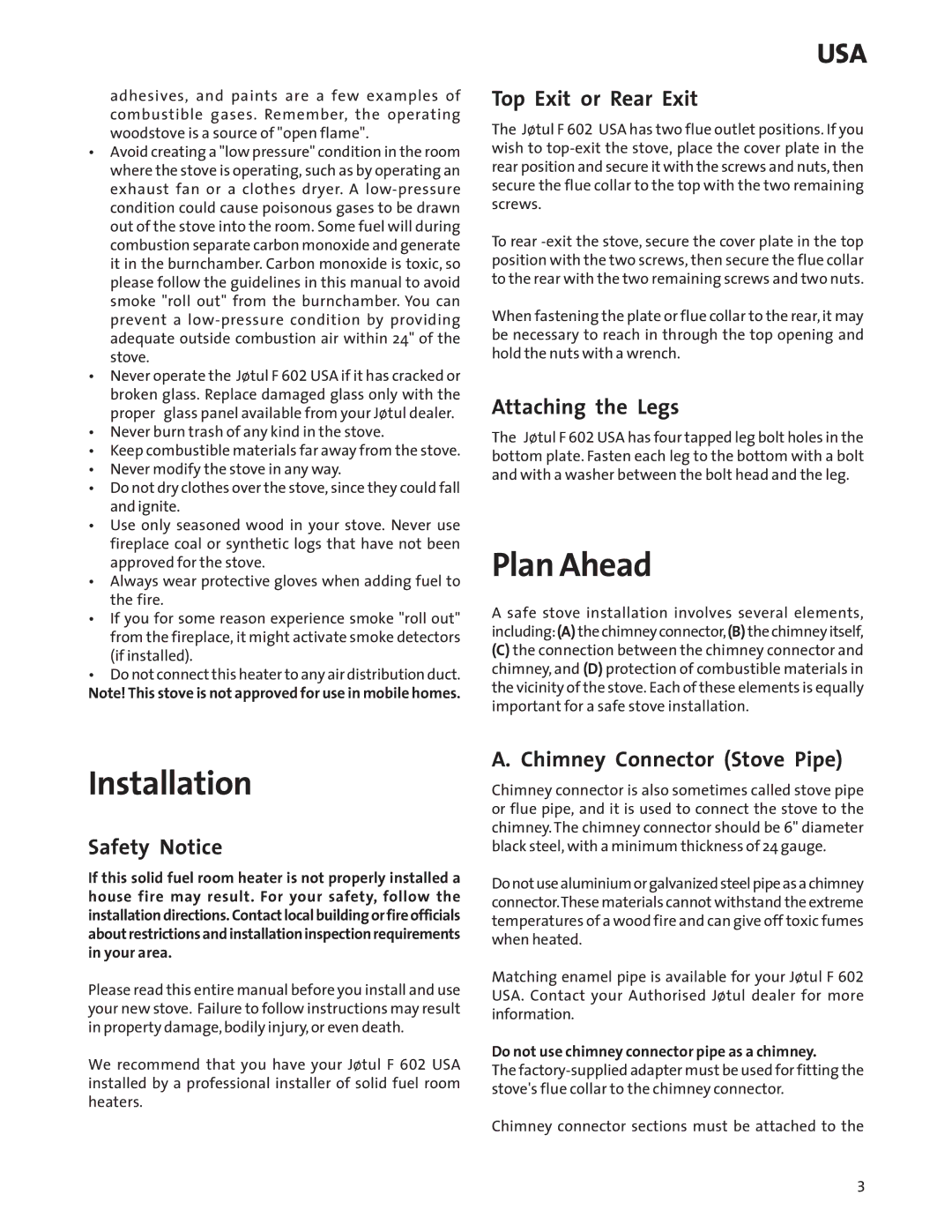 Jotul Wood Stove manual Plan Ahead, Installation 