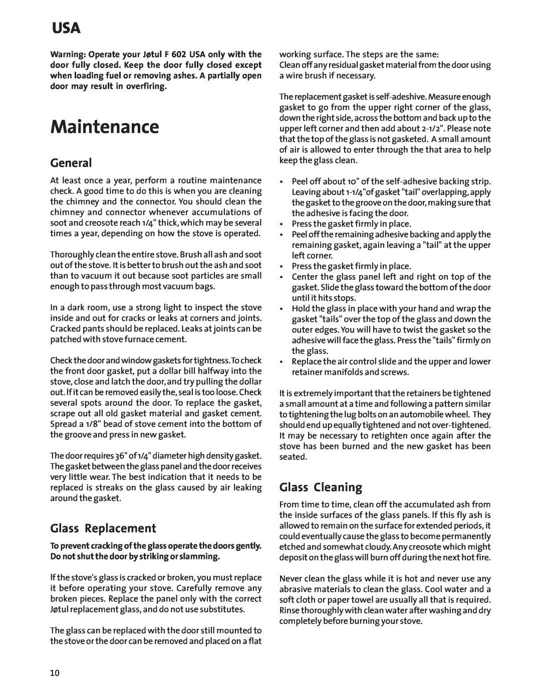 Jotul Wood Stove manual Maintenance, General, Glass Replacement, Glass Cleaning 
