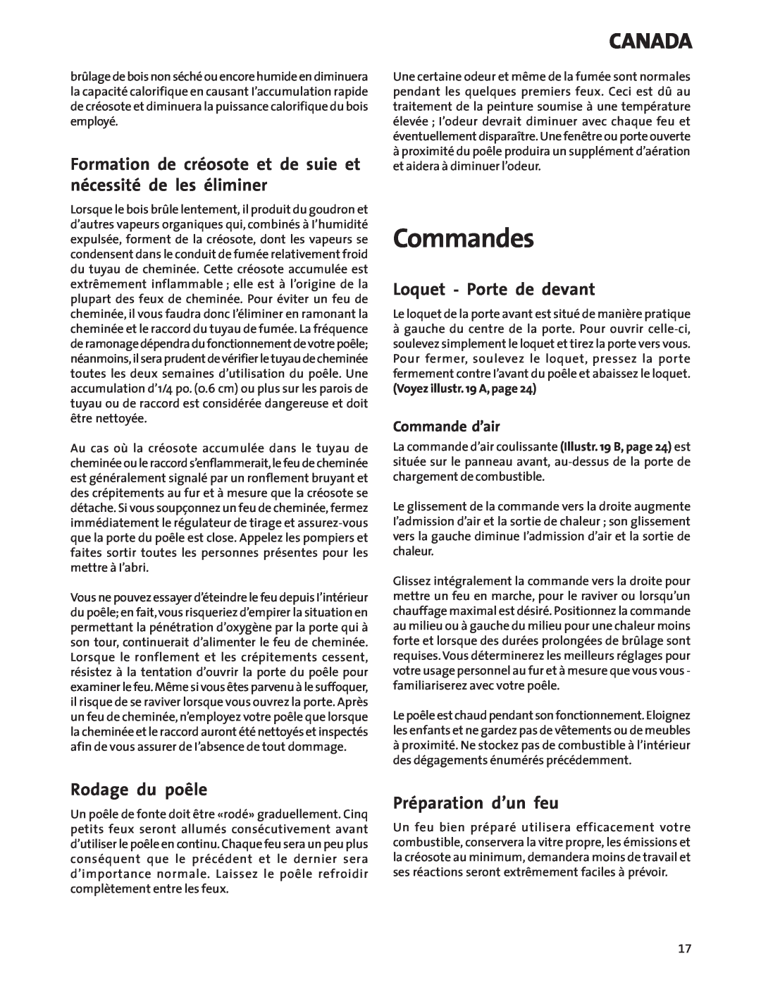 Jotul Wood Stove manual Commandes, Loquet - Porte de devant, Rodage du poêle, Préparation d’un feu, Commande d’air, Canada 
