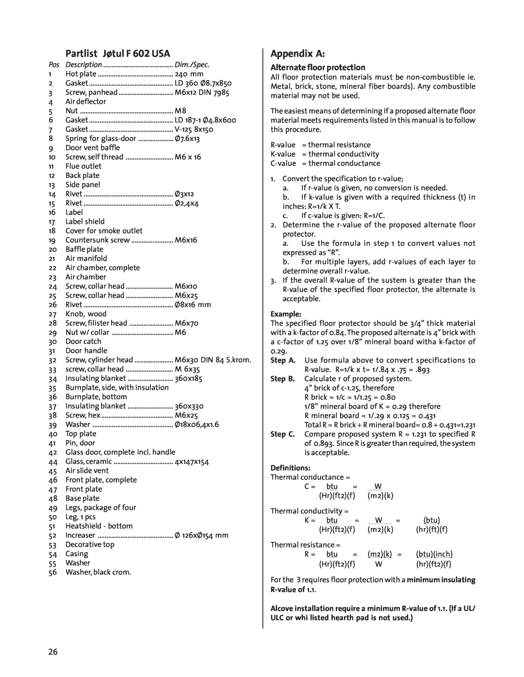 Jotul Wood Stove manual Partlist Jøtul F 602 USA, Appendix A, Definitions, R-valueof 
