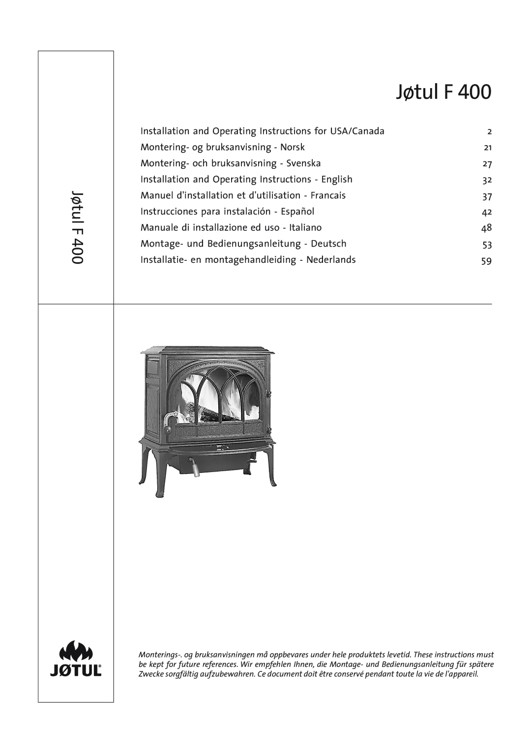 Jotul Woodstove F 400 manual Jøtul F 