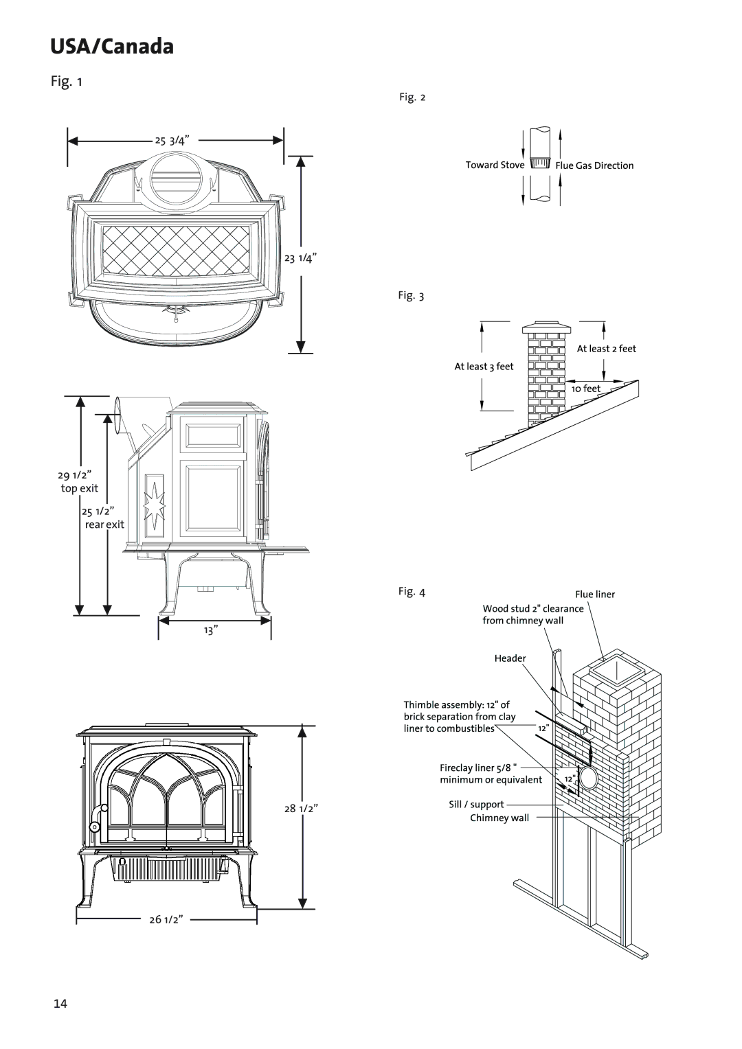 Jotul Woodstove F 400 manual 25 3/4 23 1/4 29 1/2 top exit 25 1/2 rear exit 28 1/2 26 1/2 