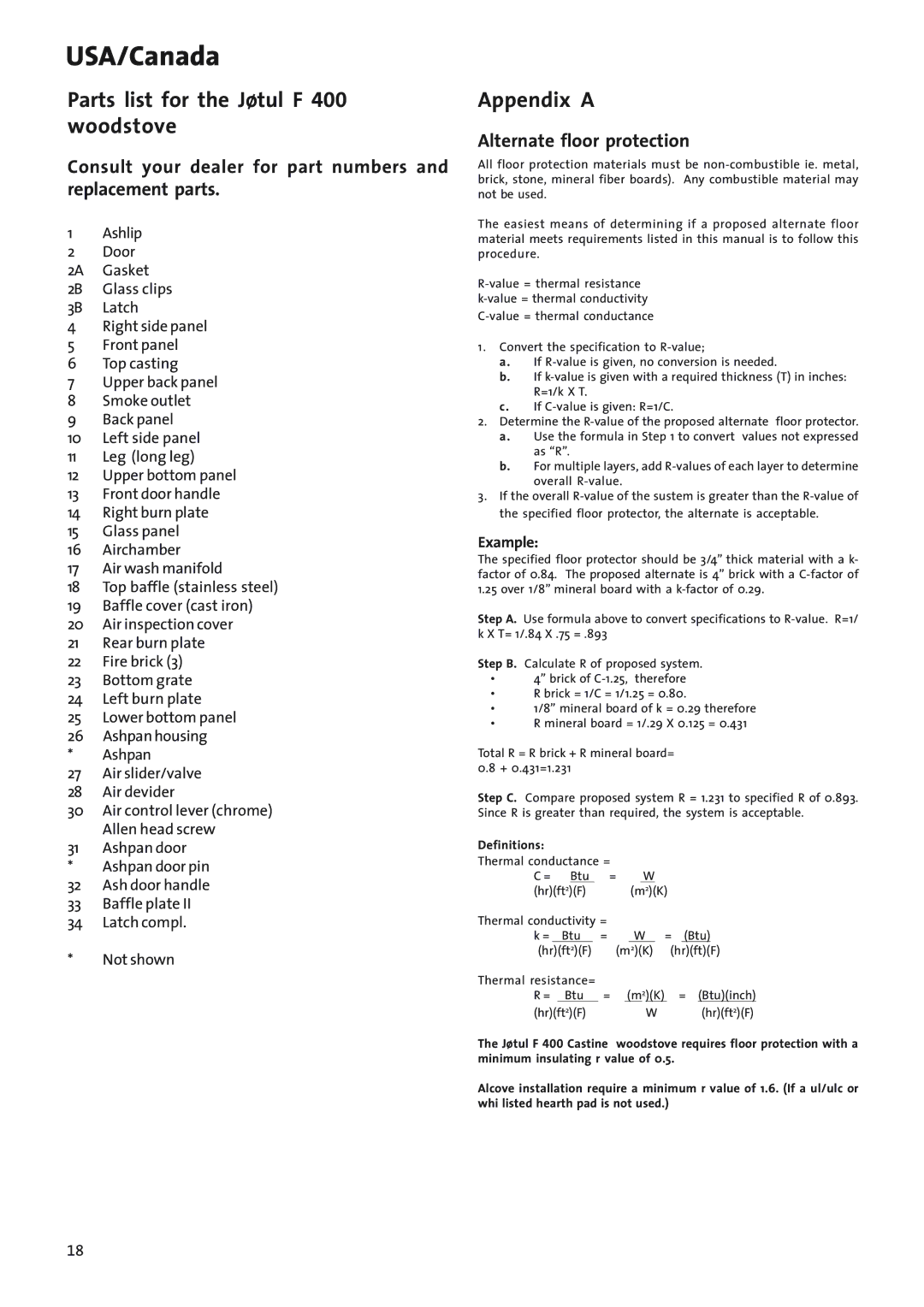 Jotul Woodstove F 400 manual Parts list for the Jøtul F 400 woodstove, Appendix a, Alternate floor protection, Example 