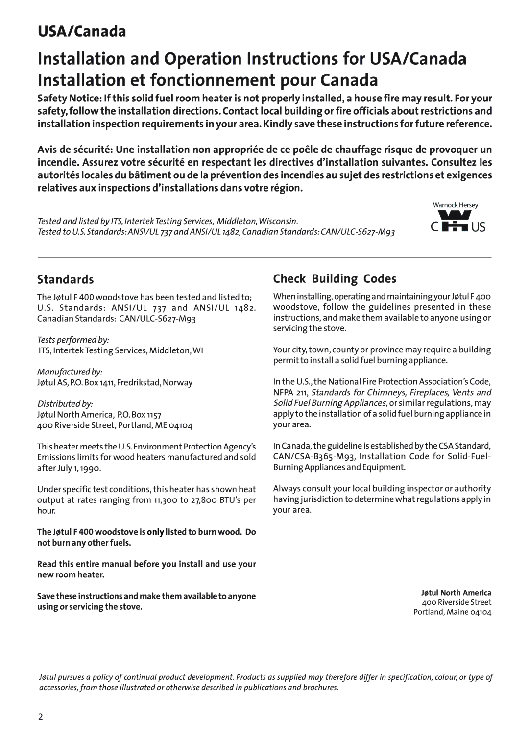 Jotul Woodstove F 400 manual Standards, Check Building Codes 