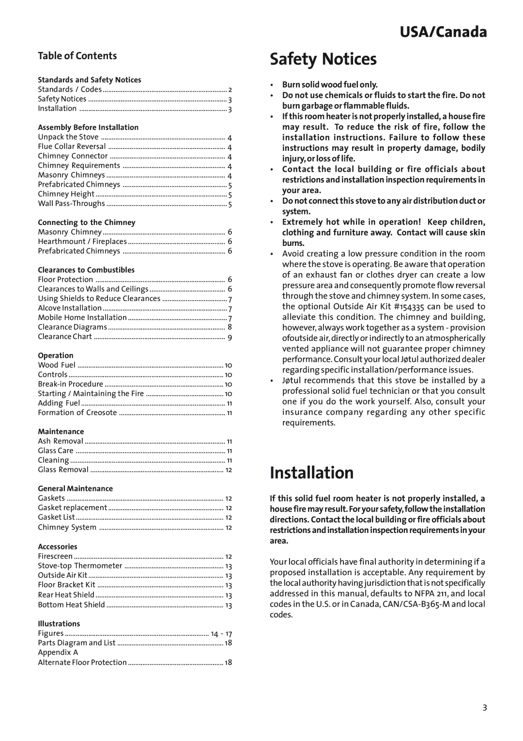 Jotul Woodstove F 400 manual Safety Notices, Installation, Table of Contents 