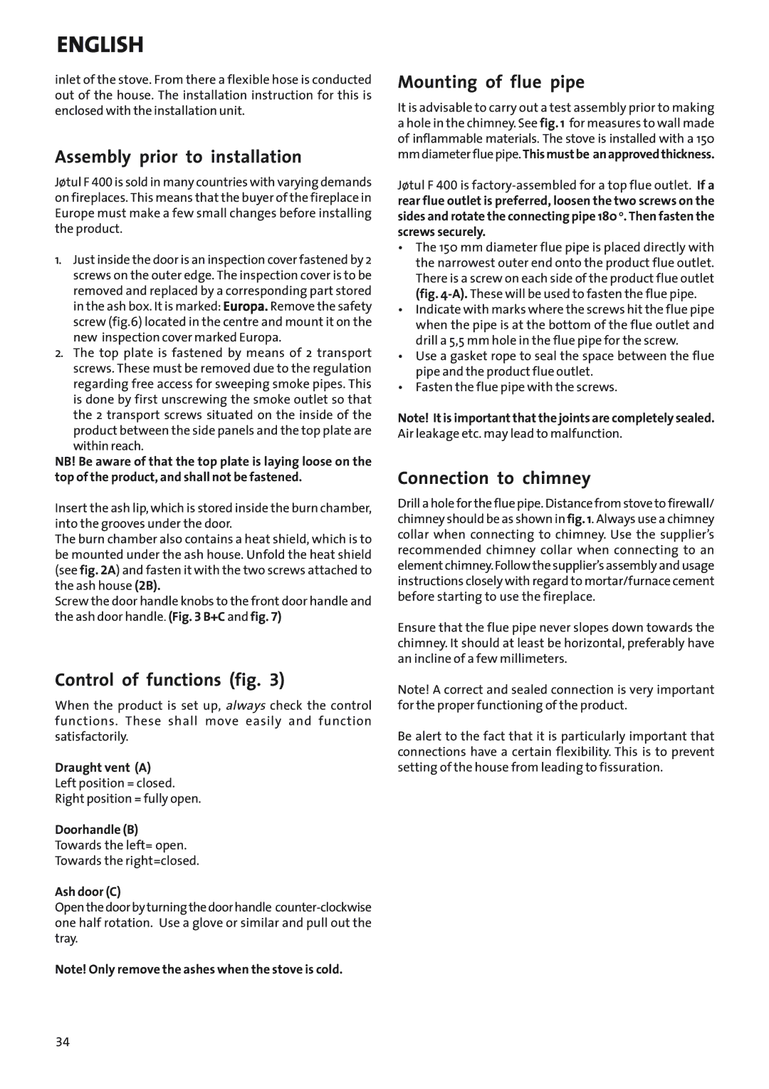 Jotul Woodstove F 400 manual Assembly prior to installation, Control of functions fig, Mounting of flue pipe 