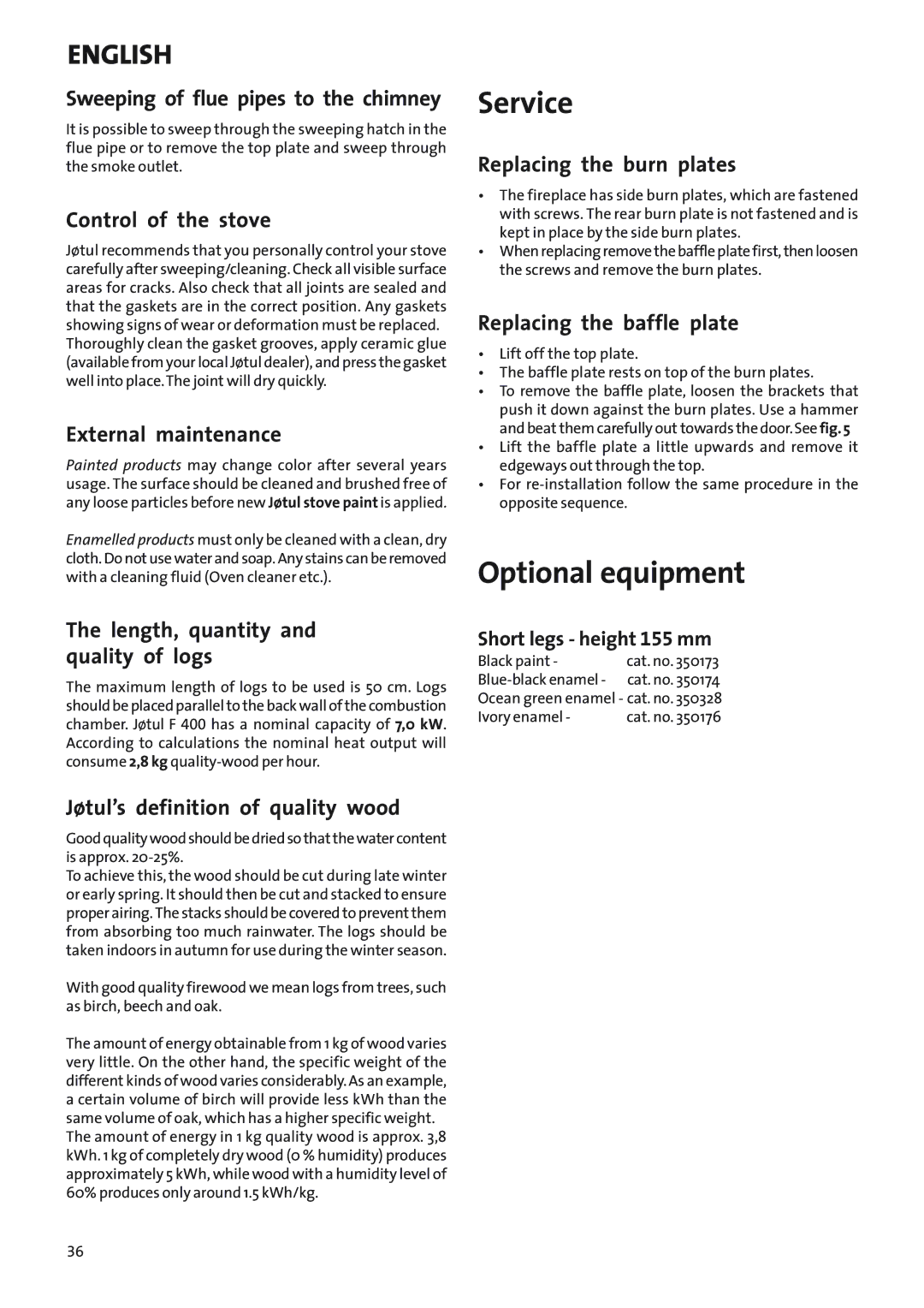 Jotul Woodstove F 400 manual Service, Optional equipment 