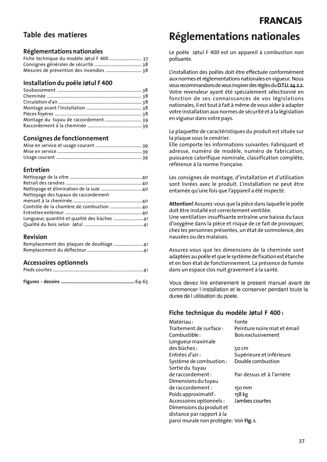 Jotul Woodstove F 400 manual Réglementations nationales, Table des matieres 