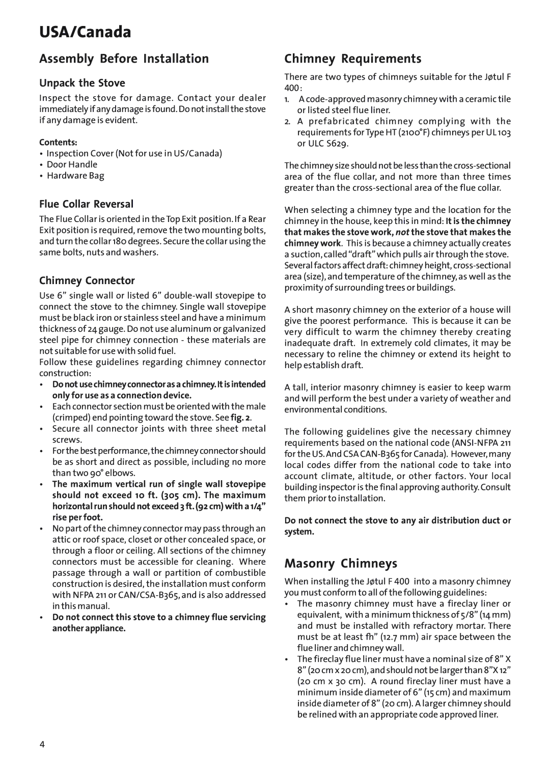 Jotul Woodstove F 400 manual Assembly Before Installation, Chimney Requirements, Masonry Chimneys 