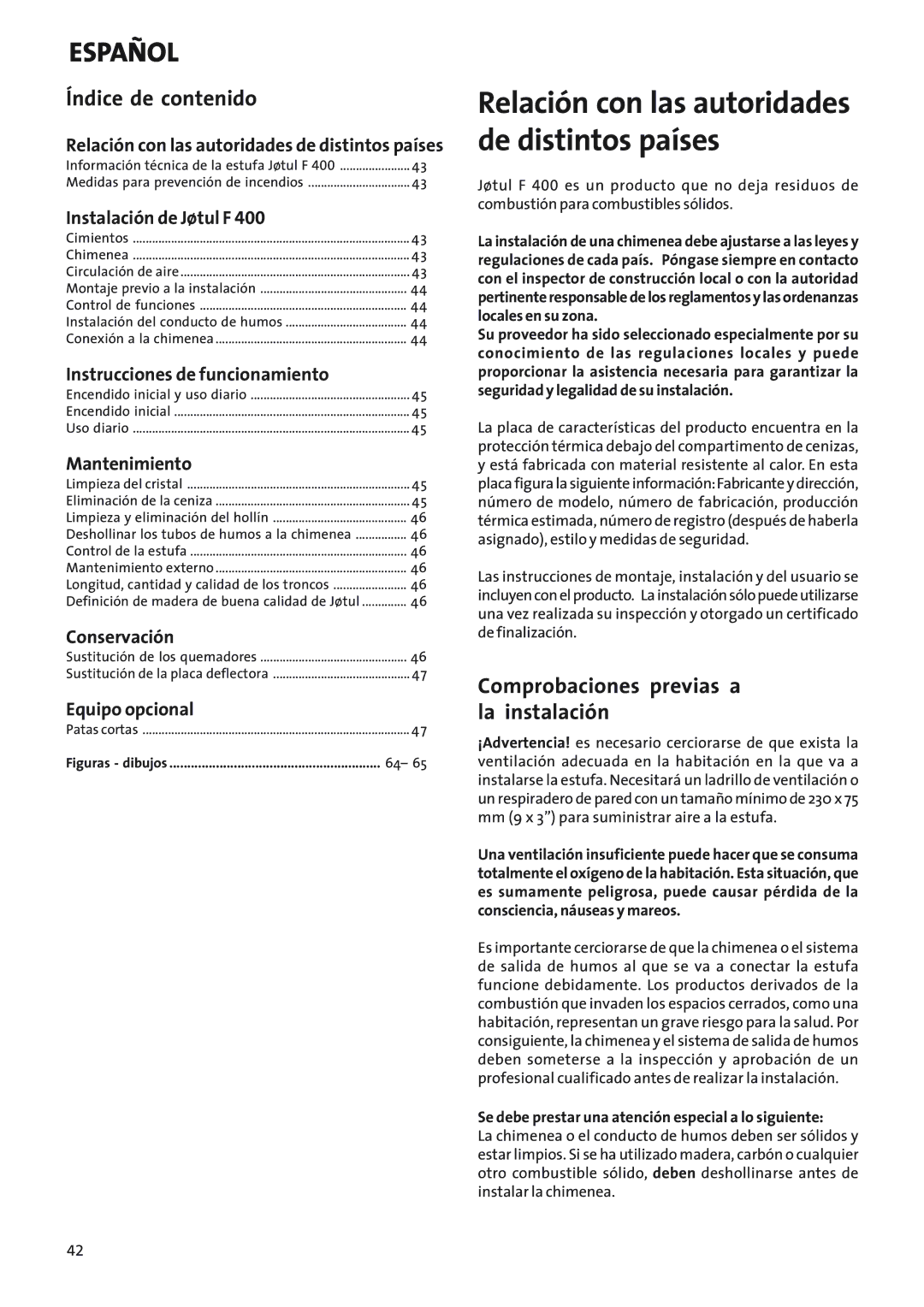 Jotul Woodstove F 400 manual Índice de contenido, Comprobaciones previas a la instalación 