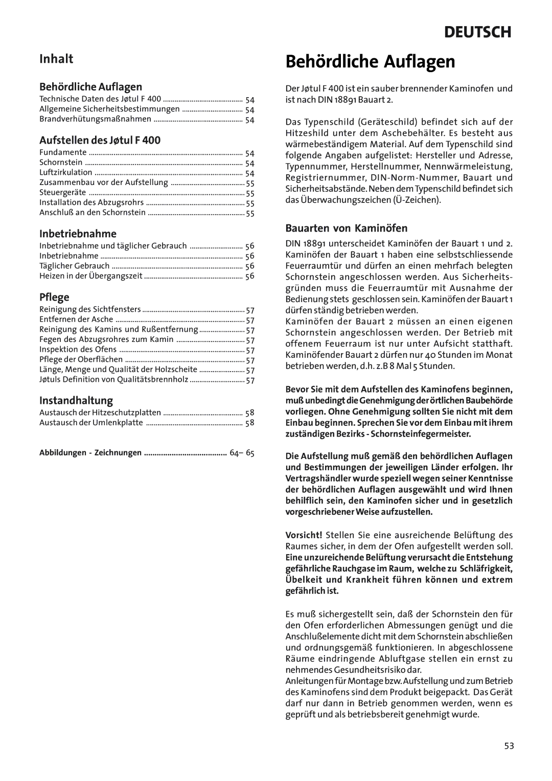 Jotul Woodstove F 400 manual Behördliche Auflagen, Inhalt 