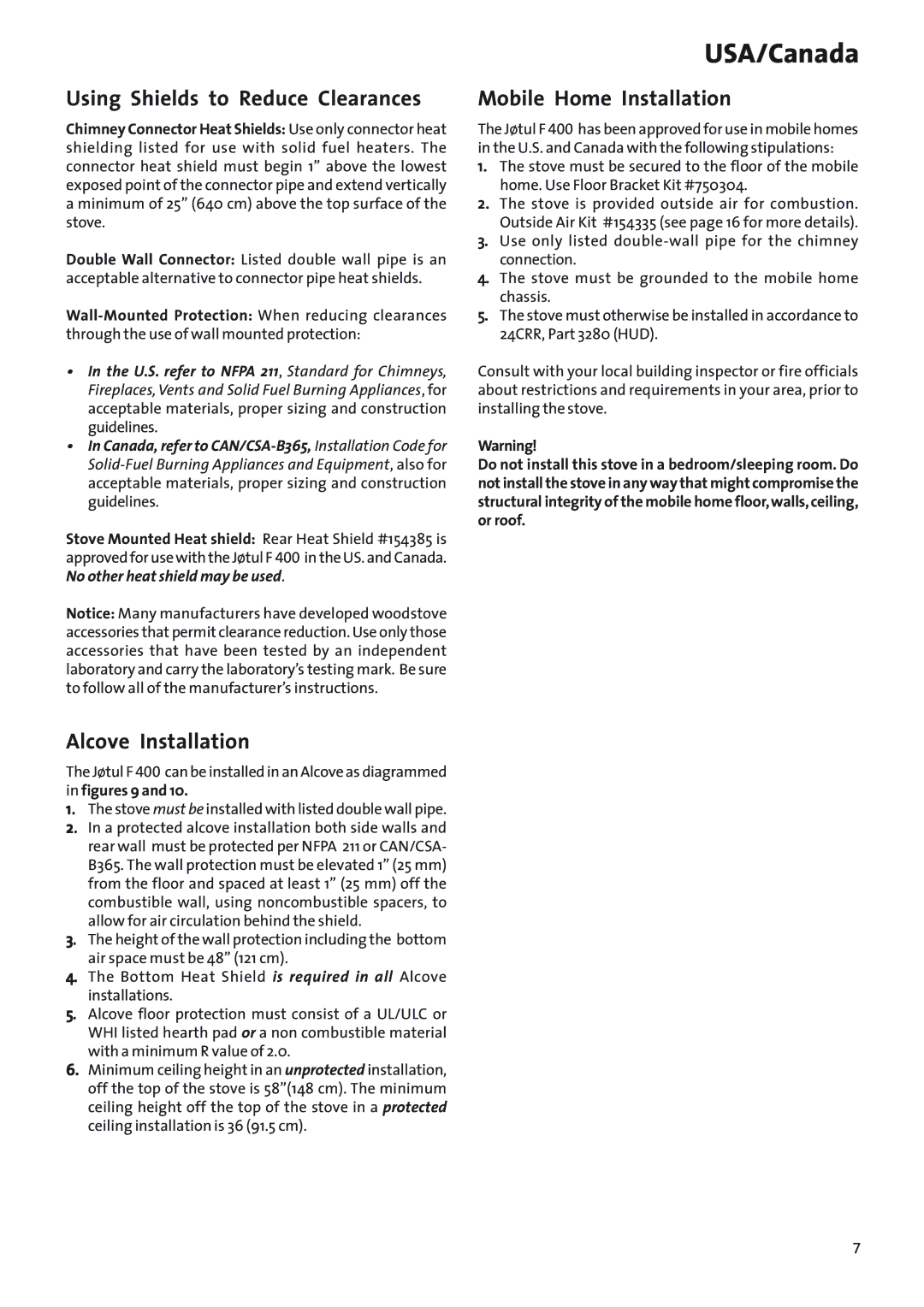 Jotul Woodstove F 400 manual Using Shields to Reduce Clearances, Alcove Installation, Mobile Home Installation 