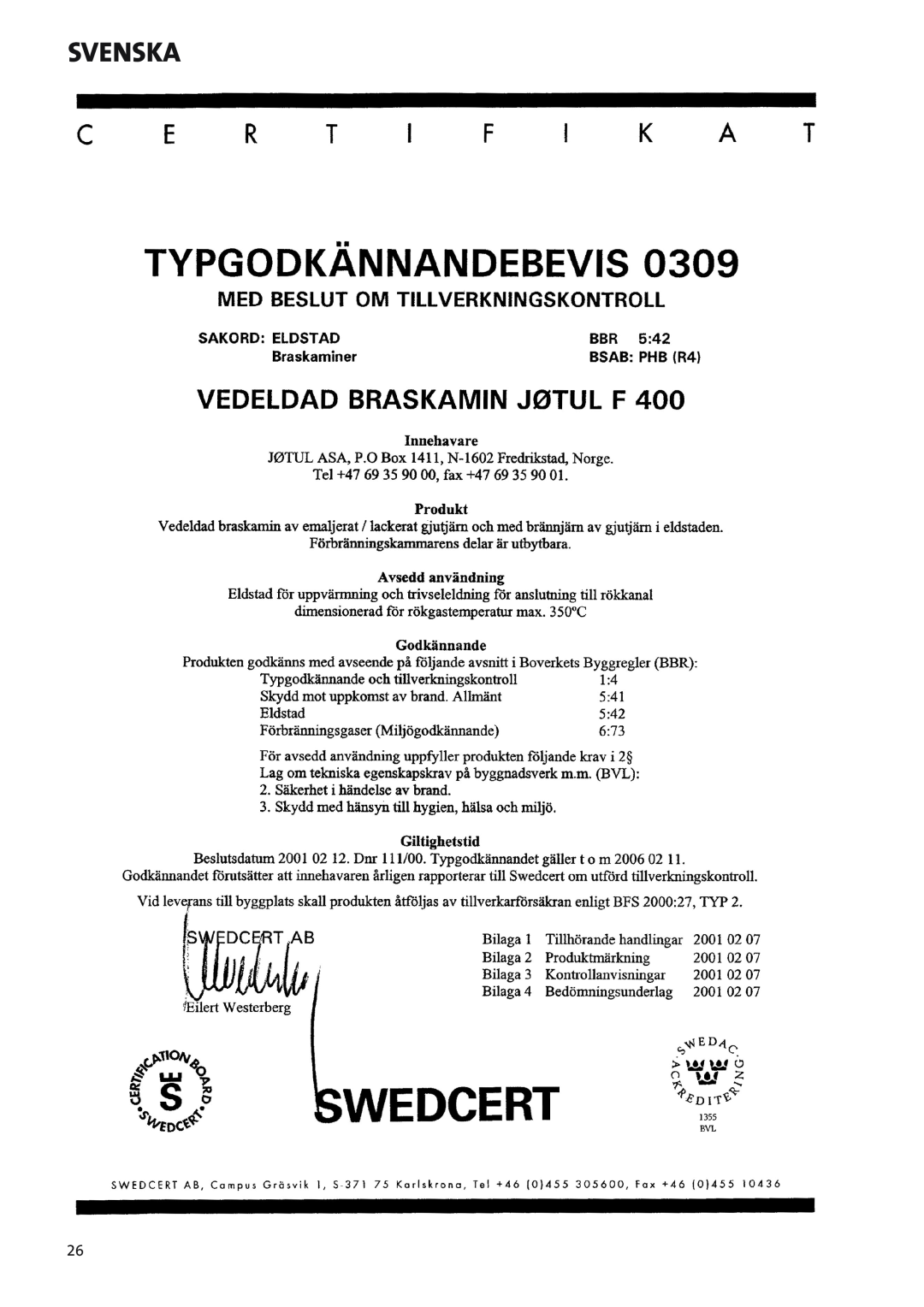 Jotul Woodstove F 400 manual Svenska 