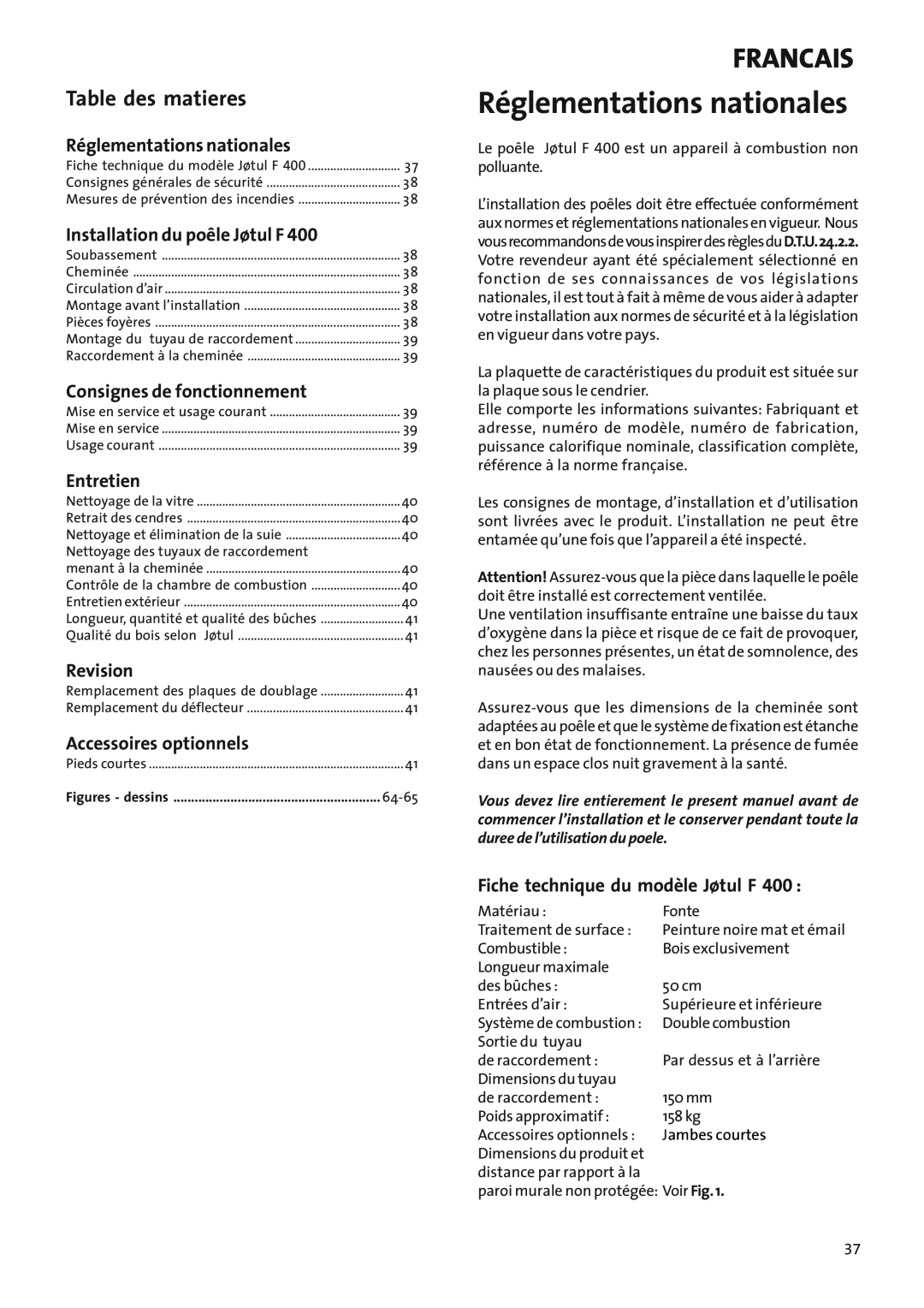Jotul Woodstove F 400 Réglementations nationales, Francais, Table des matieres, Installation du poêle Jøtul F, Entretien 