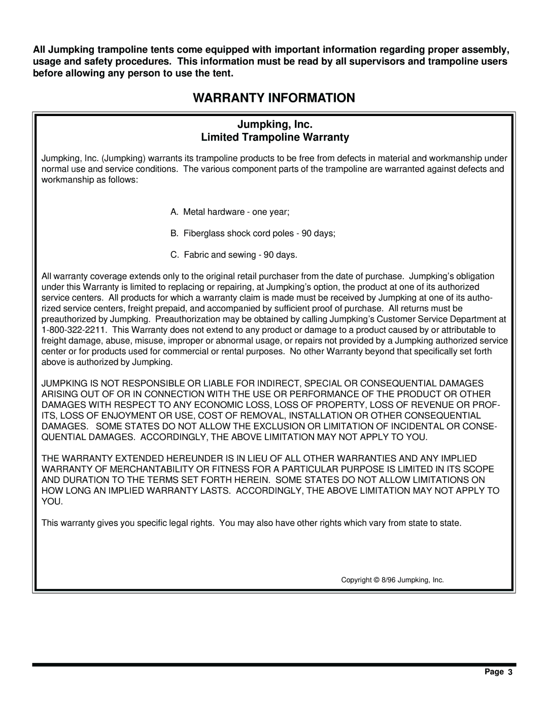 Jumpking JKTR14T2, JKTR12T2 manual Warranty Information, Jumpking, Inc Limited Trampoline Warranty 