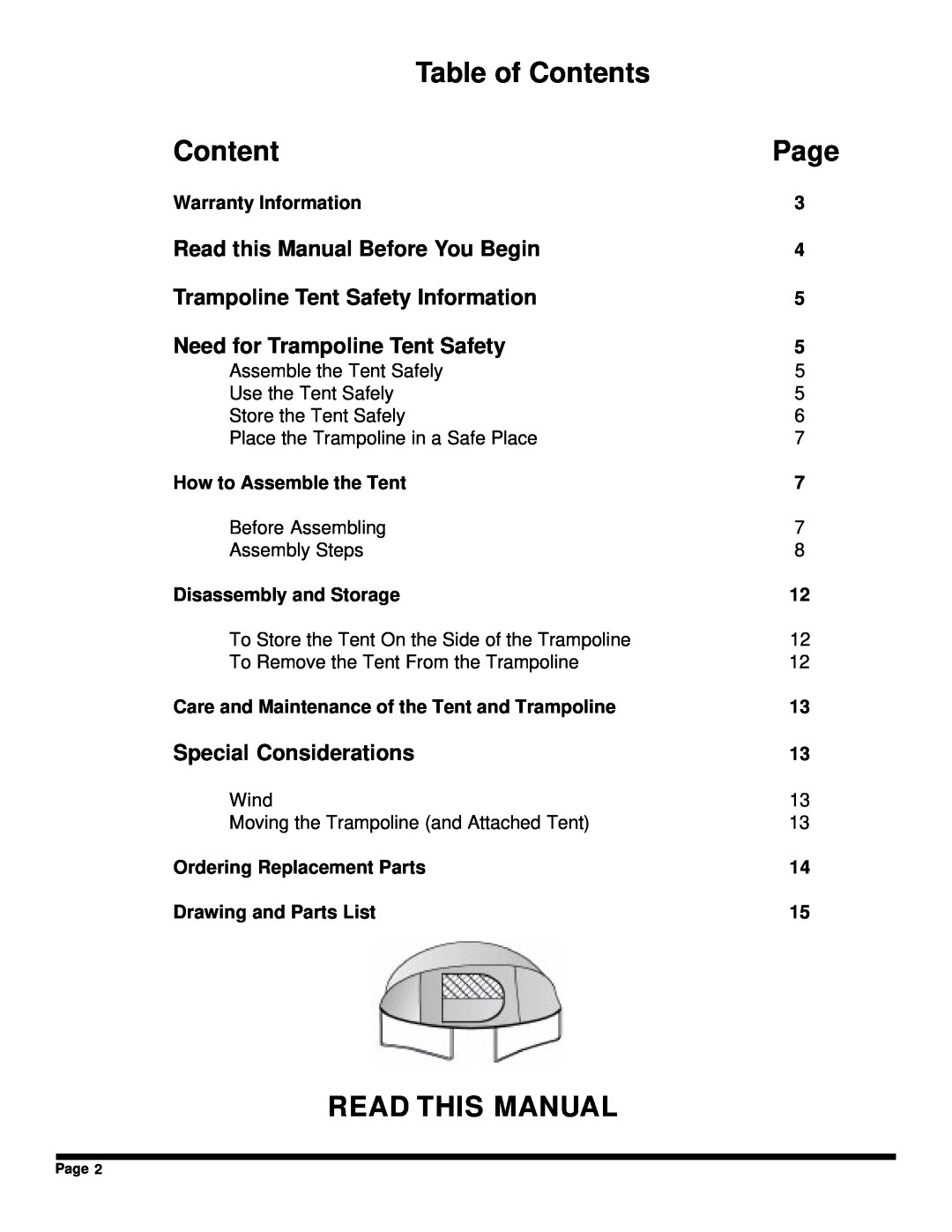 Jumpking JKTR12T2 Table of Contents, Page, Read This Manual, Read this Manual Before You Begin, Special Considerations 