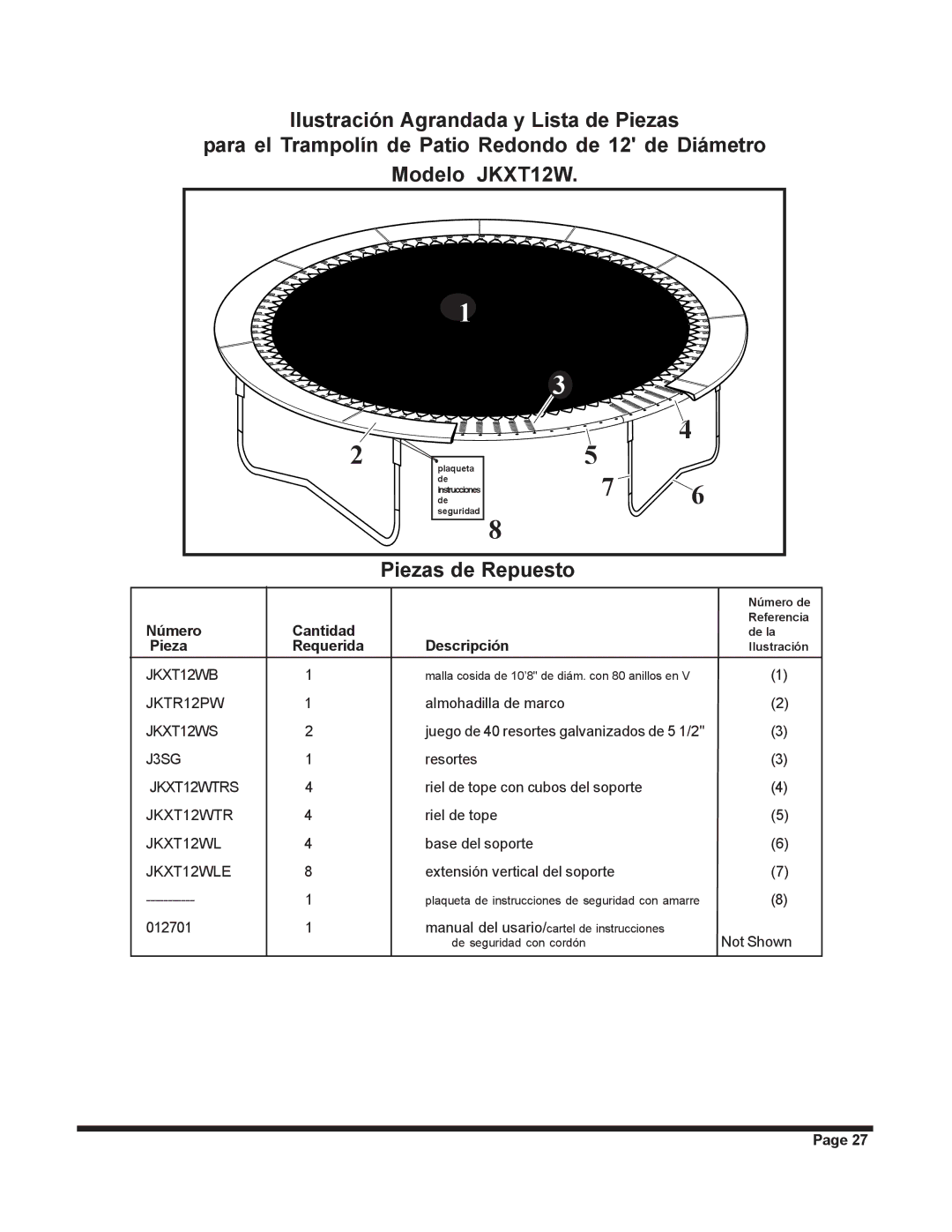 Jumpking JKXT12W manual Número Cantidad, Descripción, Pieza Requerida 