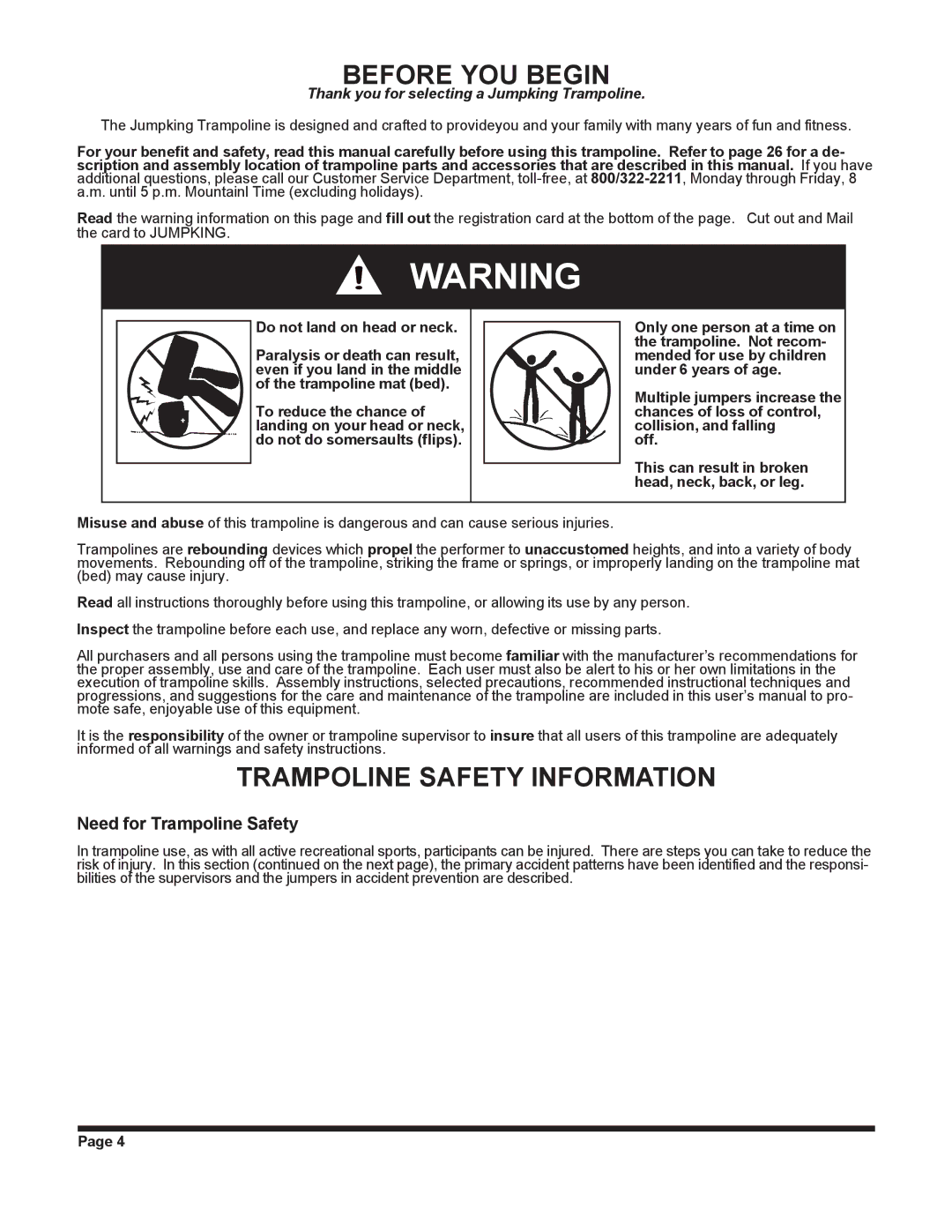 Jumpking JKXT12W manual Need for Trampoline Safety, Do not land on head or neck 