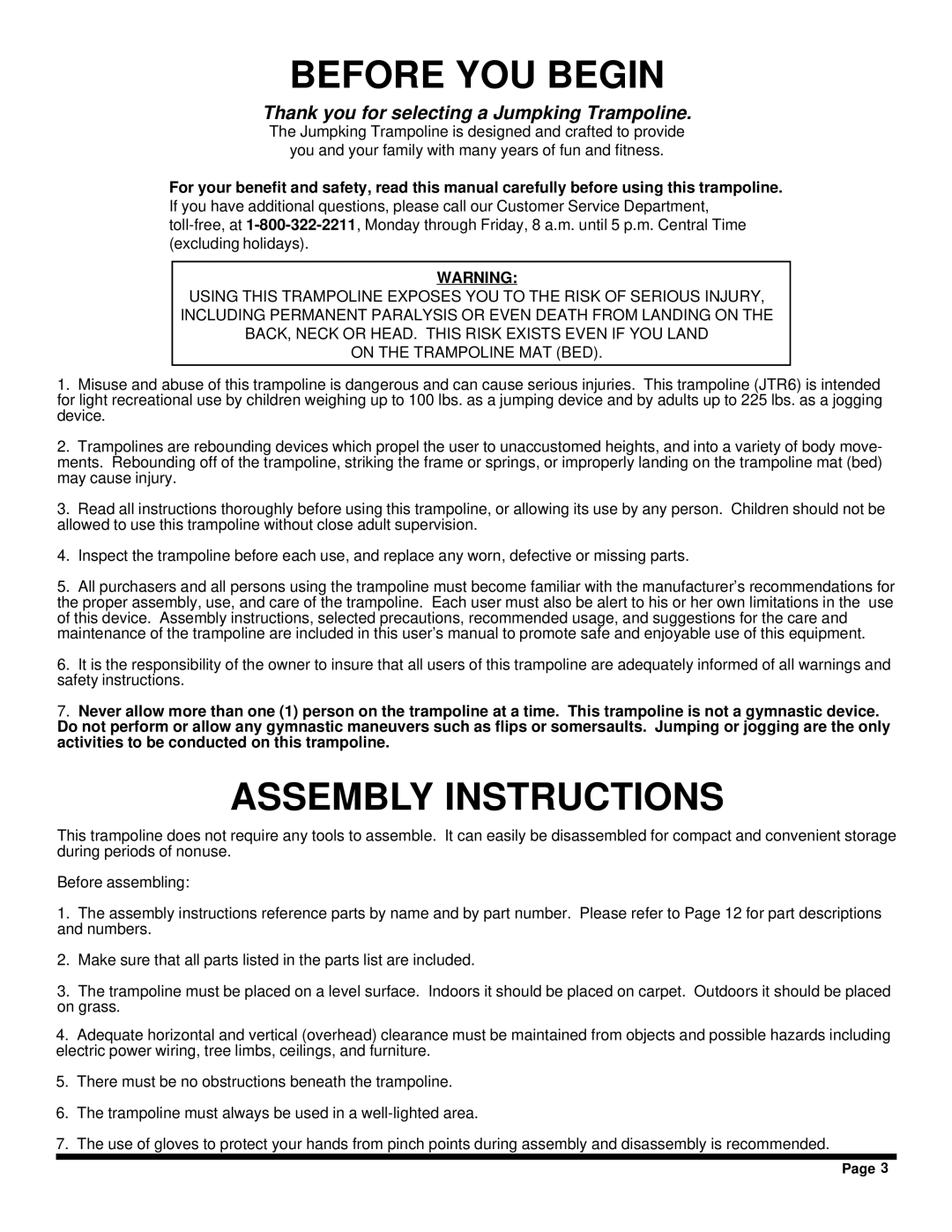 Jumpking JTR6 manual Before YOU Begin, Assembly Instructions 