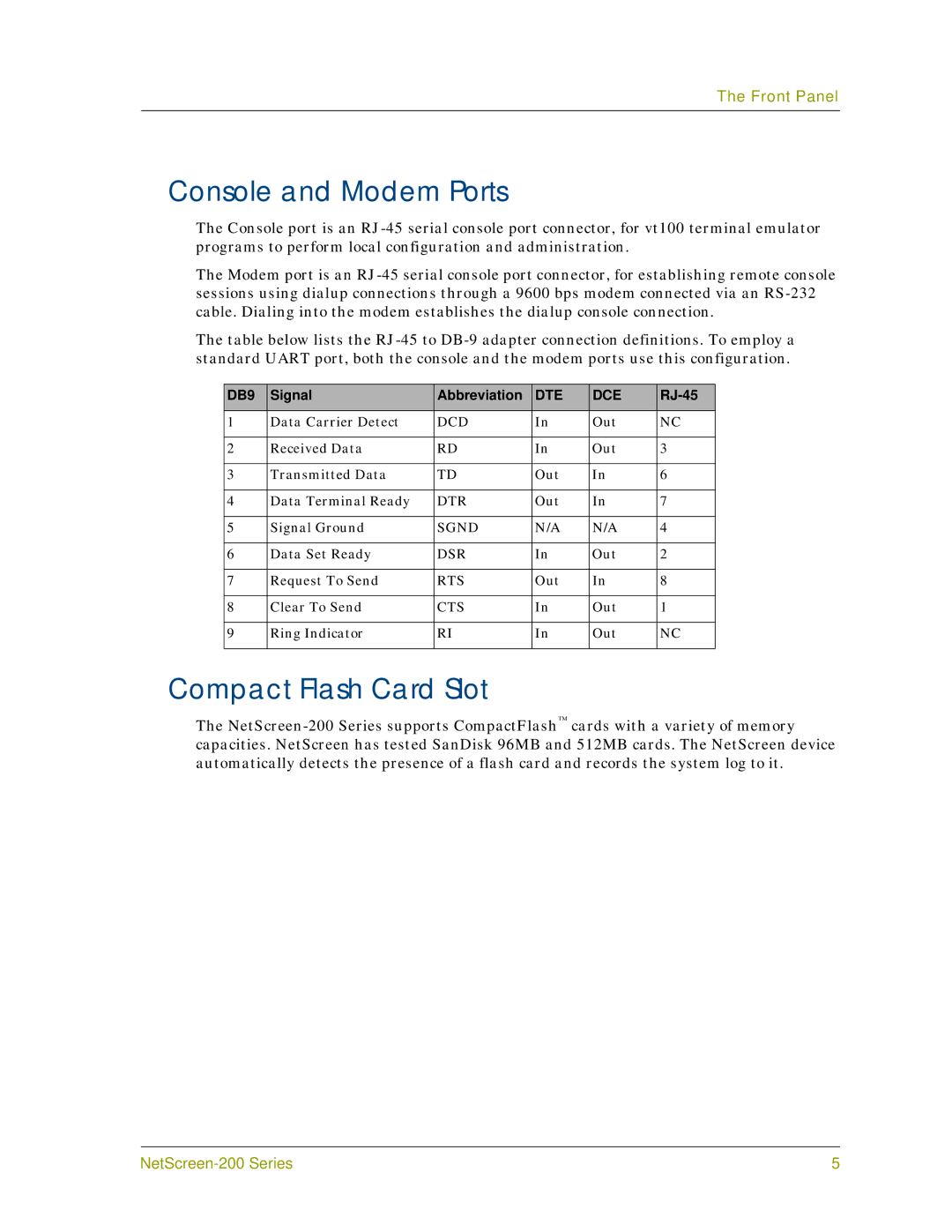 Juniper Networks 200 Series manual Console and Modem Ports, Compact Flash Card Slot 