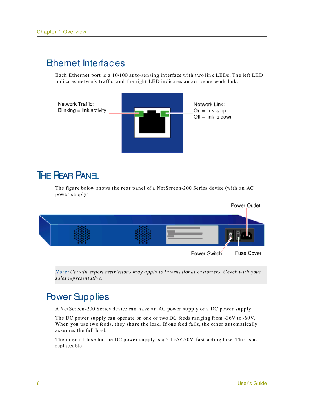 Juniper Networks 200 Series manual Ethernet Interfaces, Power Supplies, Rear Panel 