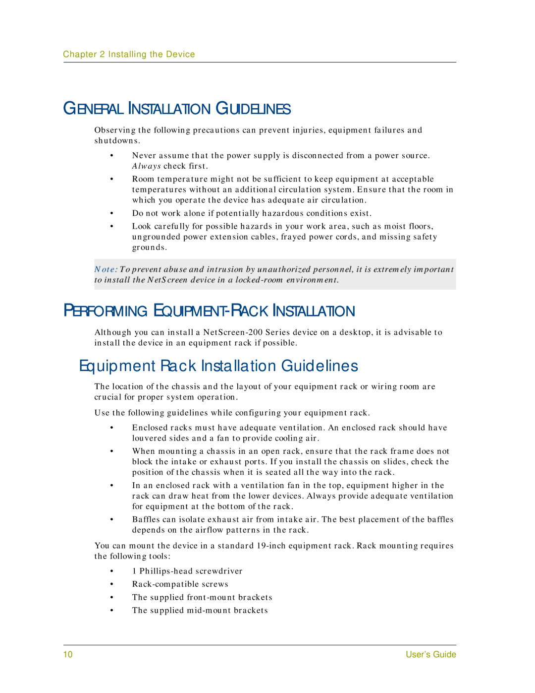 Juniper Networks 200 Series manual Equipment Rack Installation Guidelines, General Installation Guidelines 