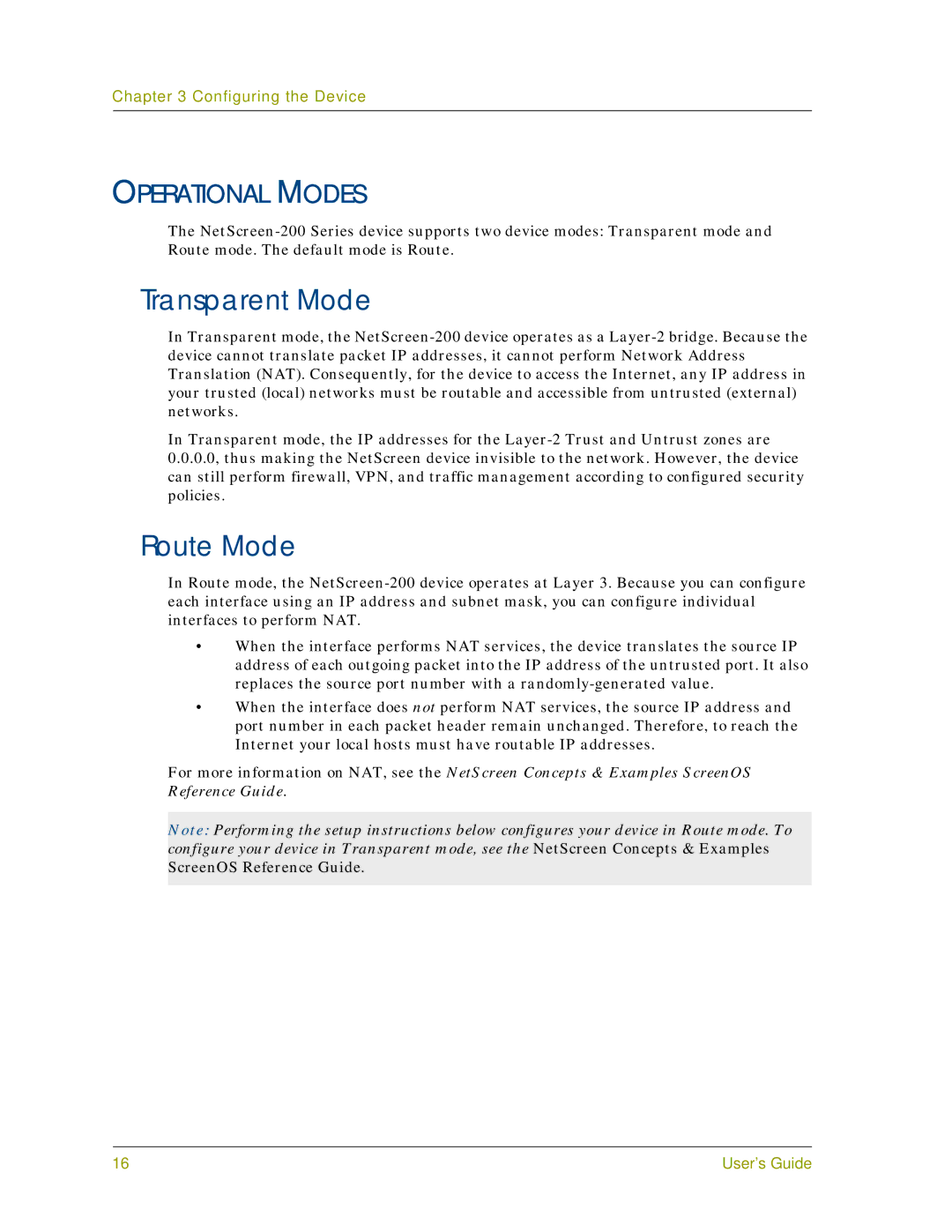 Juniper Networks 200 Series manual Transparent Mode, Route Mode, Operational Modes 