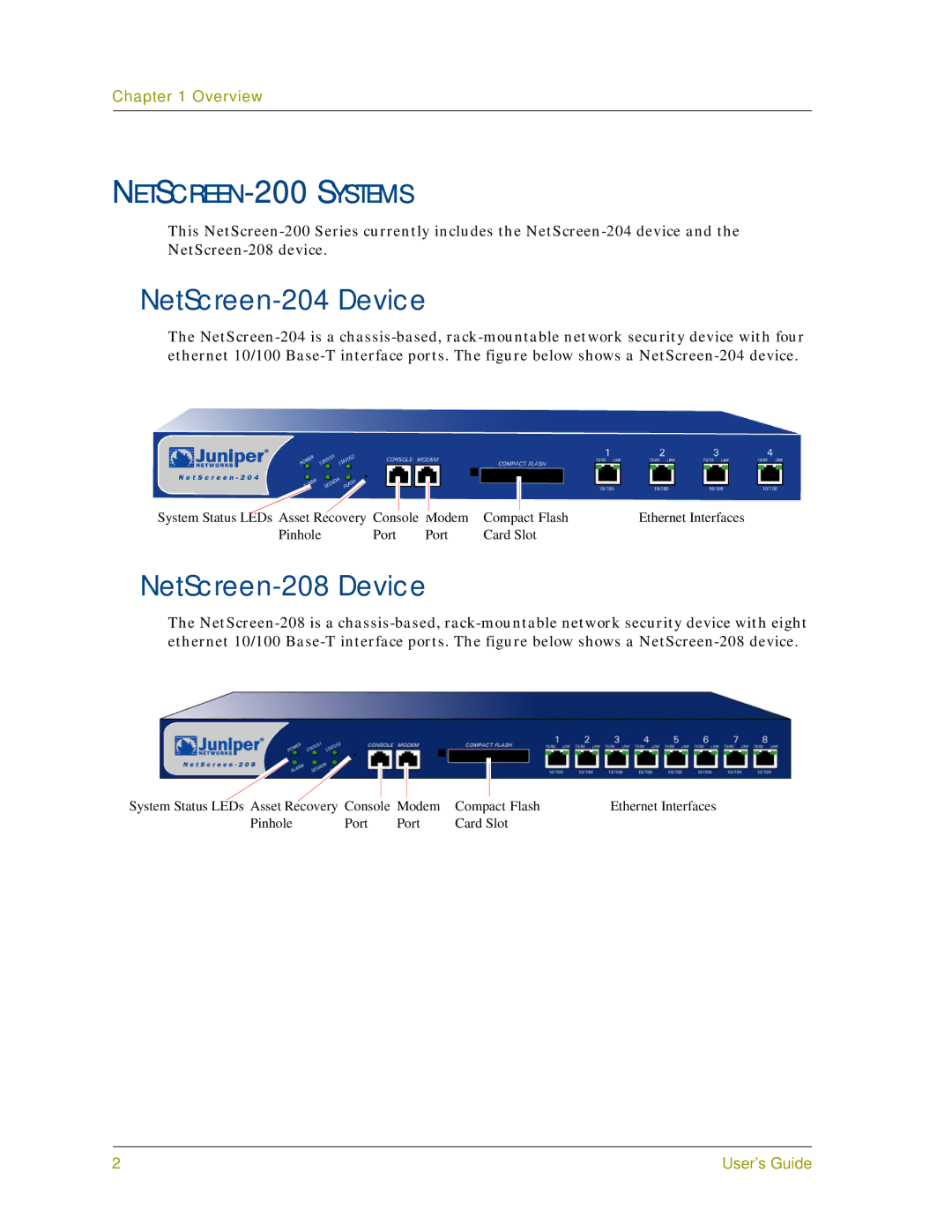 Juniper Networks 200 Series manual NetScreen-204 Device, NetScreen-208 Device, NETSCREEN-200 Systems 