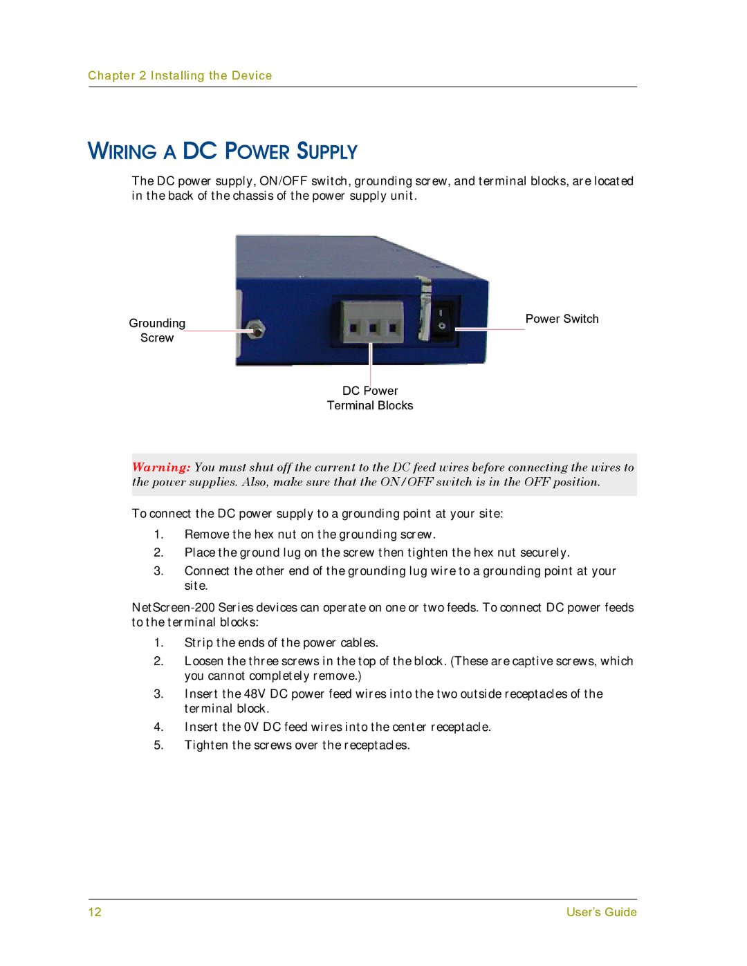 Juniper Networks 200 manual Wiring a DC Power Supply 