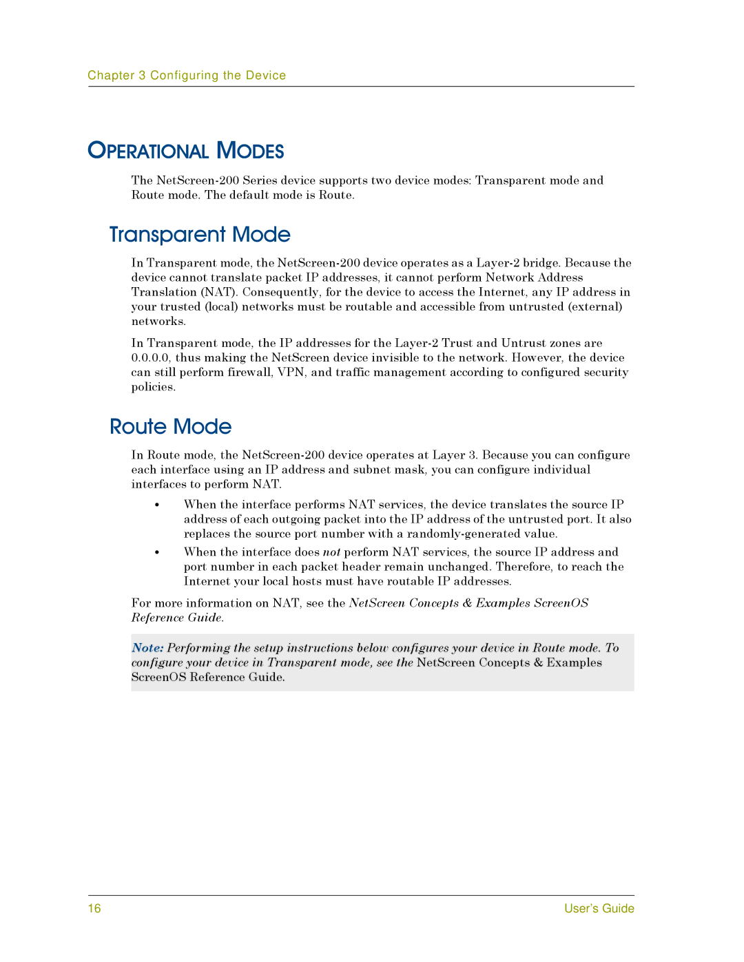 Juniper Networks 200 manual Transparent Mode, Route Mode, Operational Modes 