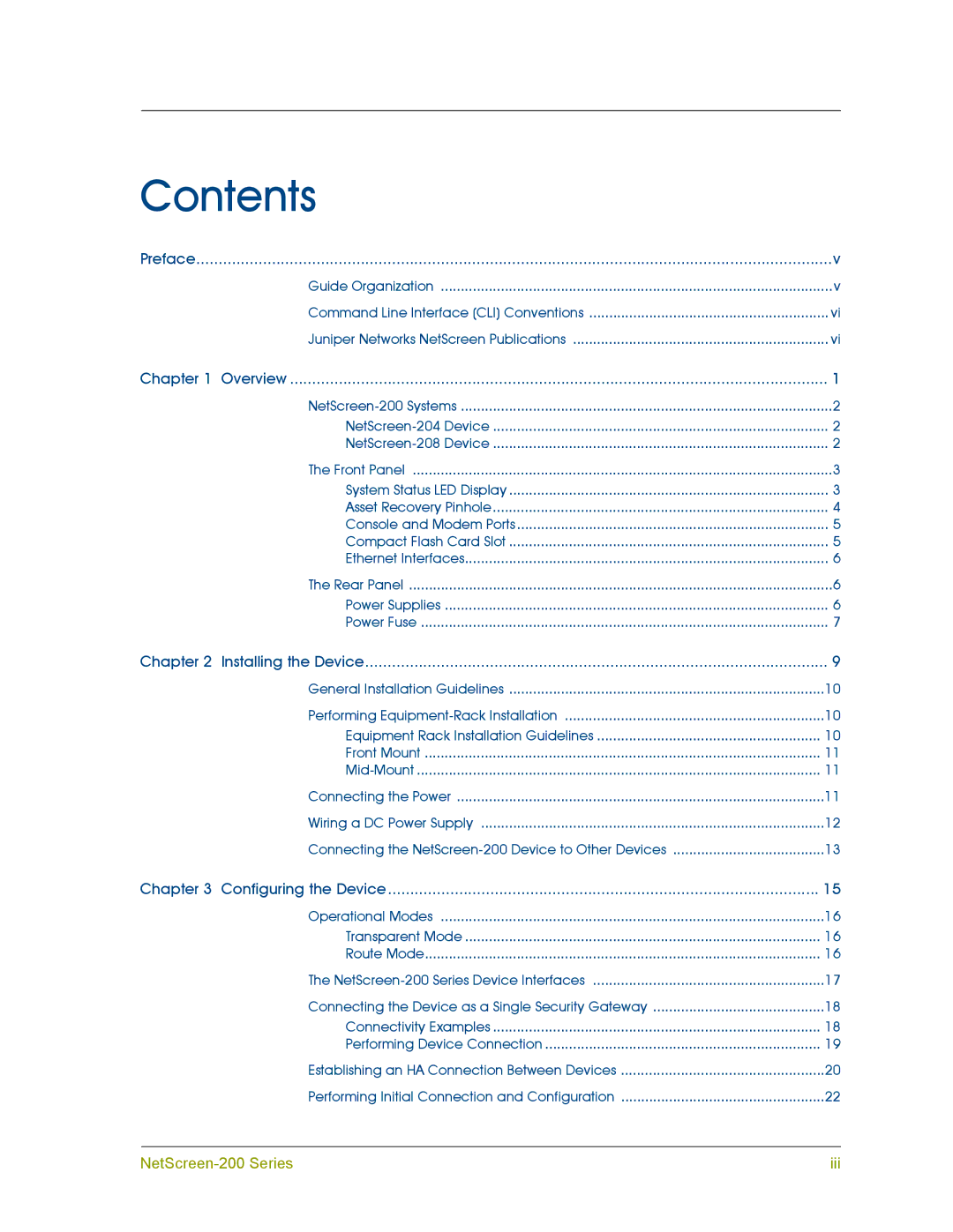 Juniper Networks 200 manual Contents 