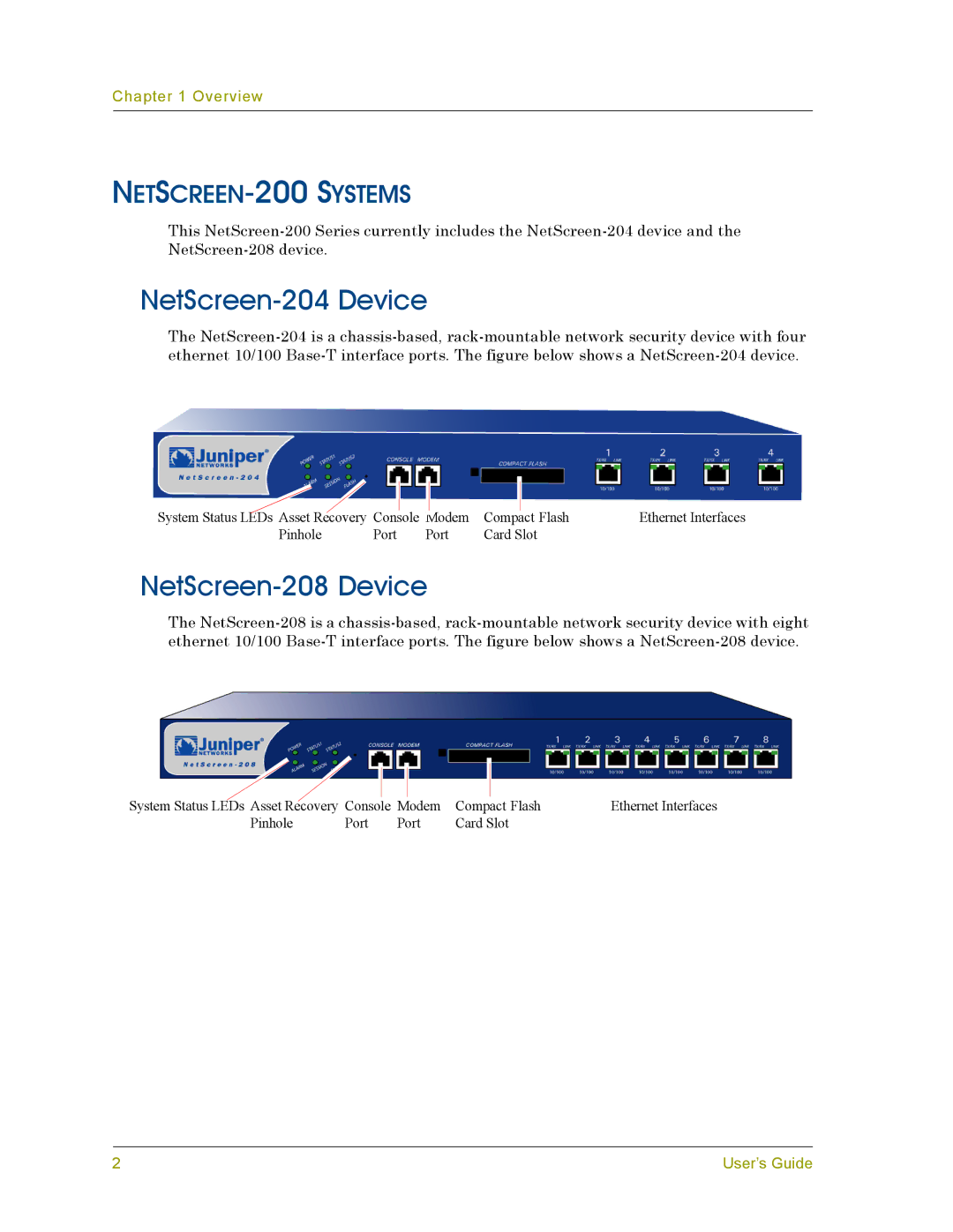 Juniper Networks manual NetScreen-204 Device, NetScreen-208 Device, NETSCREEN-200 Systems 