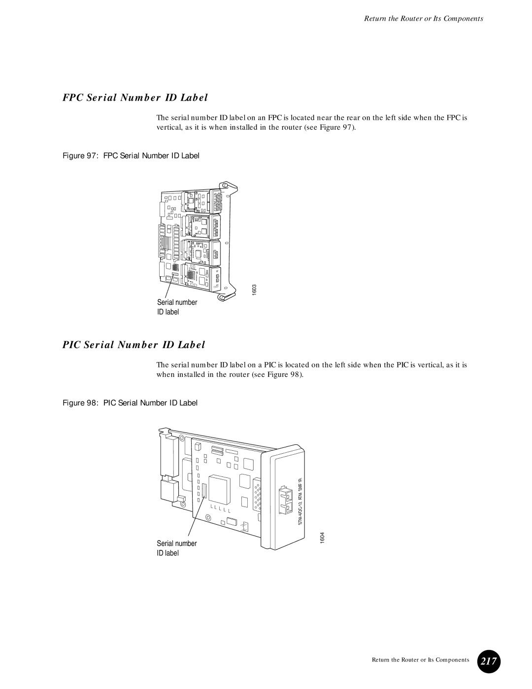 Juniper Networks 215 appendix FPC Serial Number ID Label, PIC Serial Number ID Label, 217 