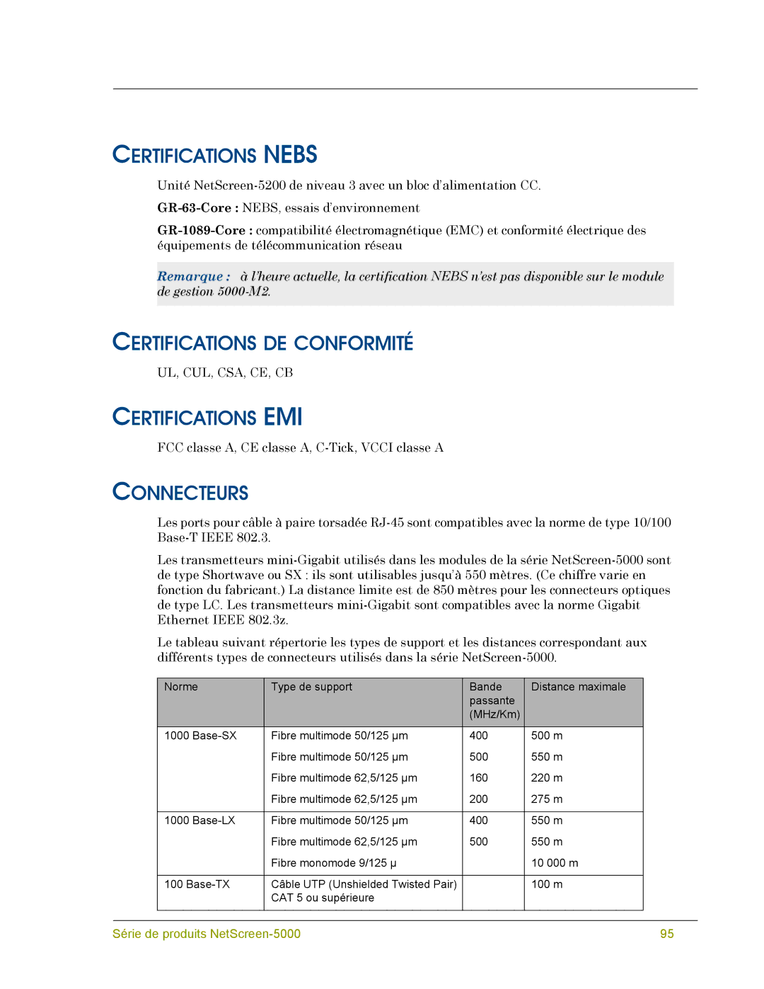 Juniper Networks 5000 SERIES manual Certifications Nebs, Certifications DE Conformité, Certifications EMI, Connecteurs 