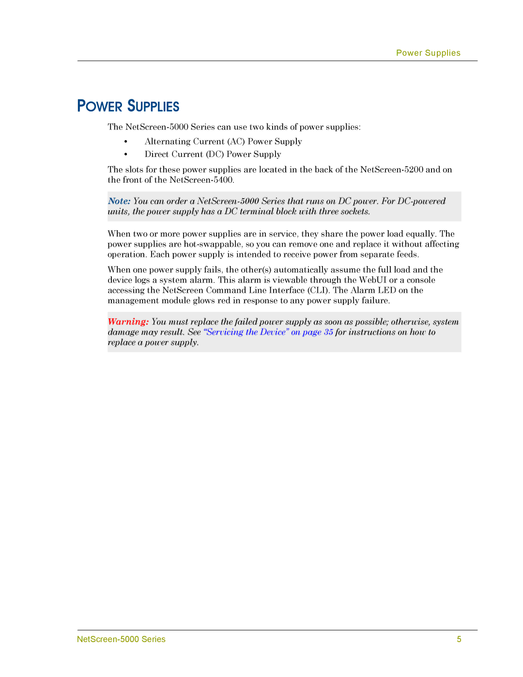 Juniper Networks 5000 SERIES manual Power Supplies 