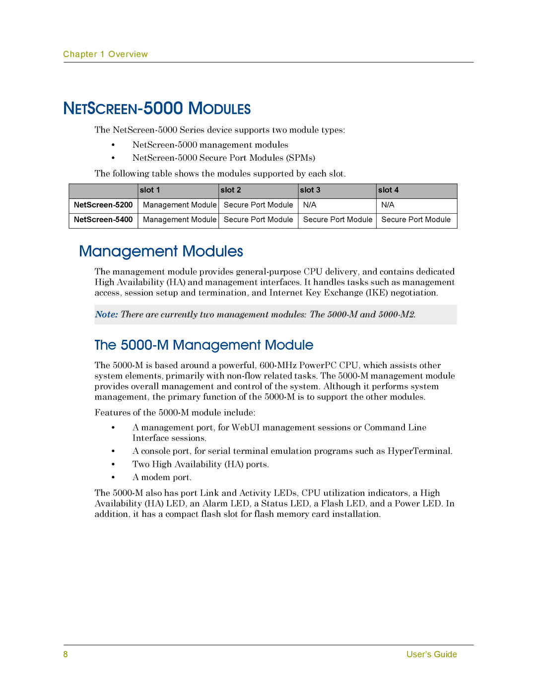 Juniper Networks 5000 SERIES manual Management Modules, NETSCREEN-5000 Modules, M Management Module 