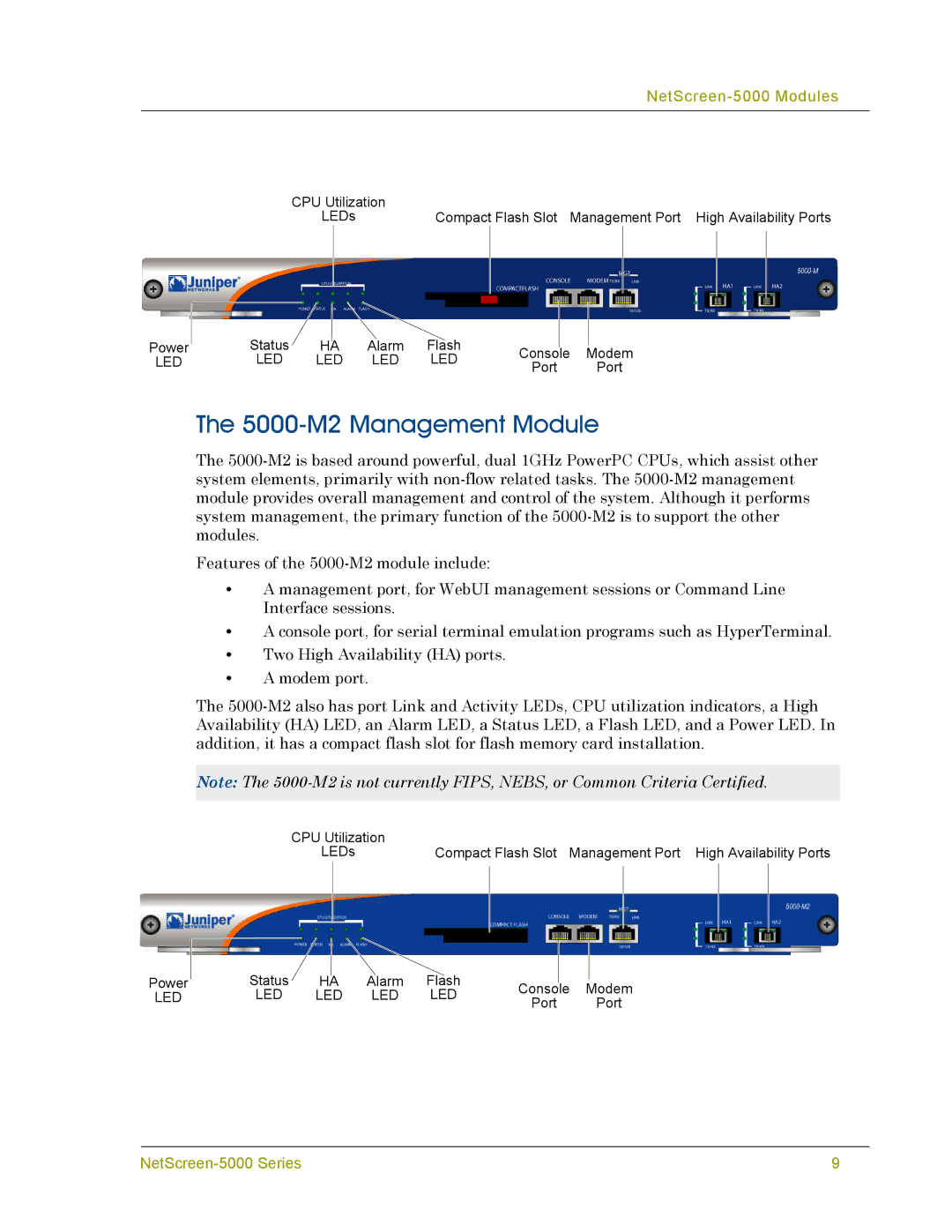 Juniper Networks 5000 SERIES manual 5000-M2 Management Module, NetScreen-5000 Modules 