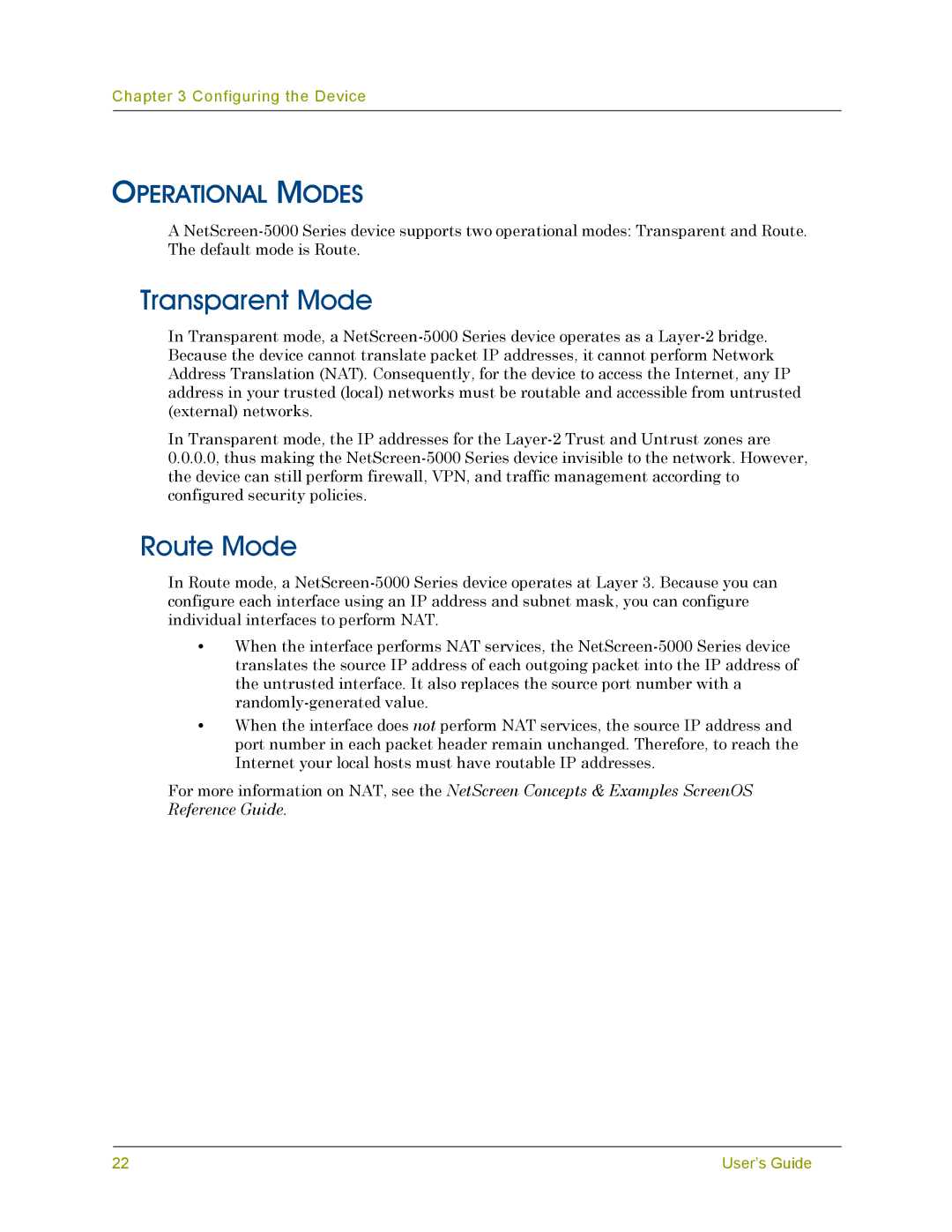 Juniper Networks 5000 SERIES manual Transparent Mode, Route Mode, Operational Modes 