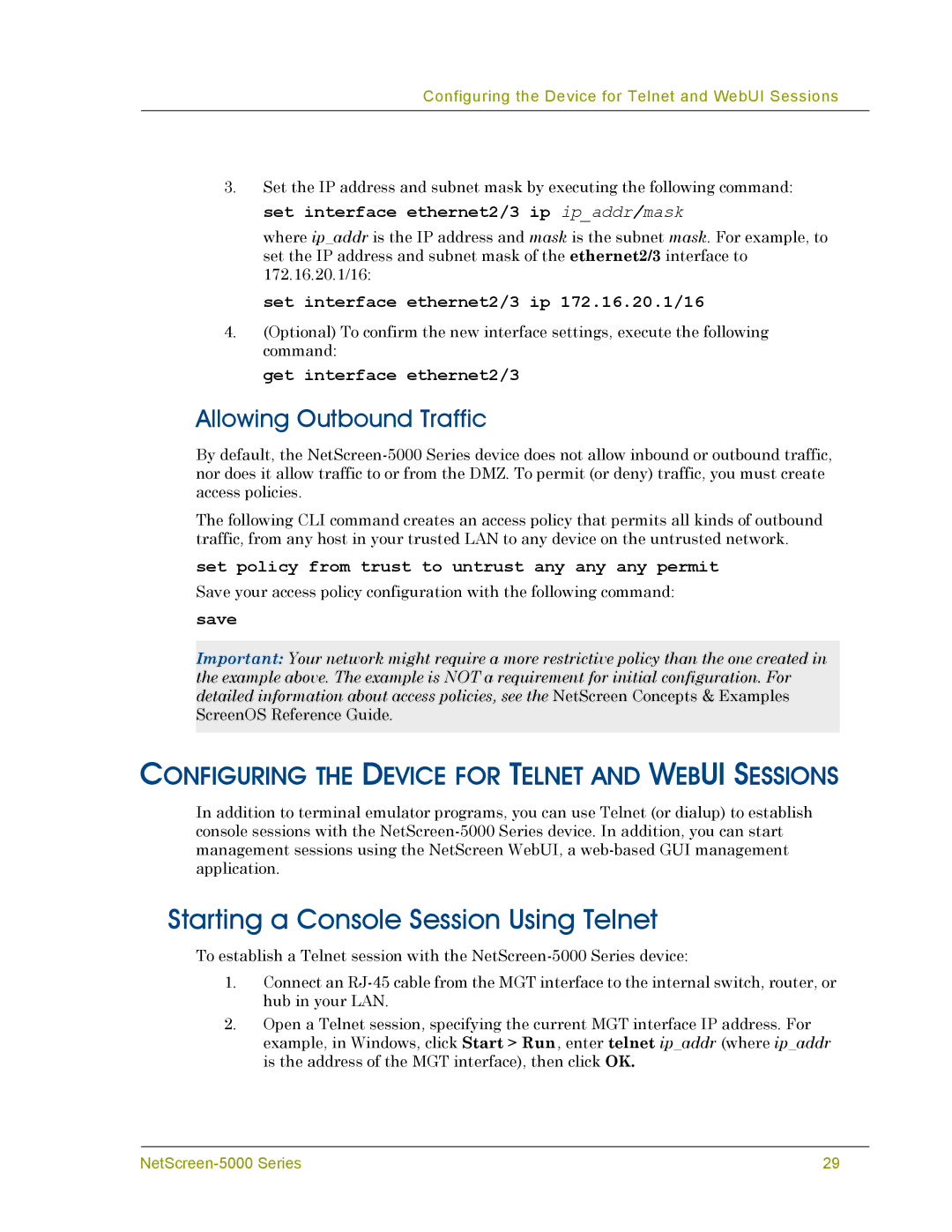 Juniper Networks 5000 SERIES manual Starting a Console Session Using Telnet, Allowing Outbound Traffic 