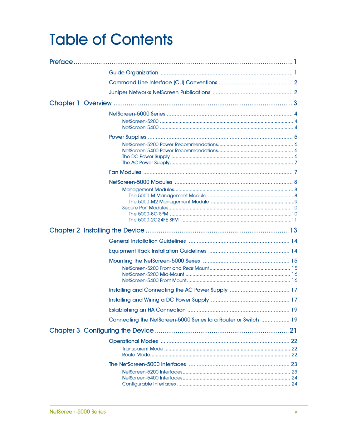 Juniper Networks 5000 SERIES manual Table of Contents 