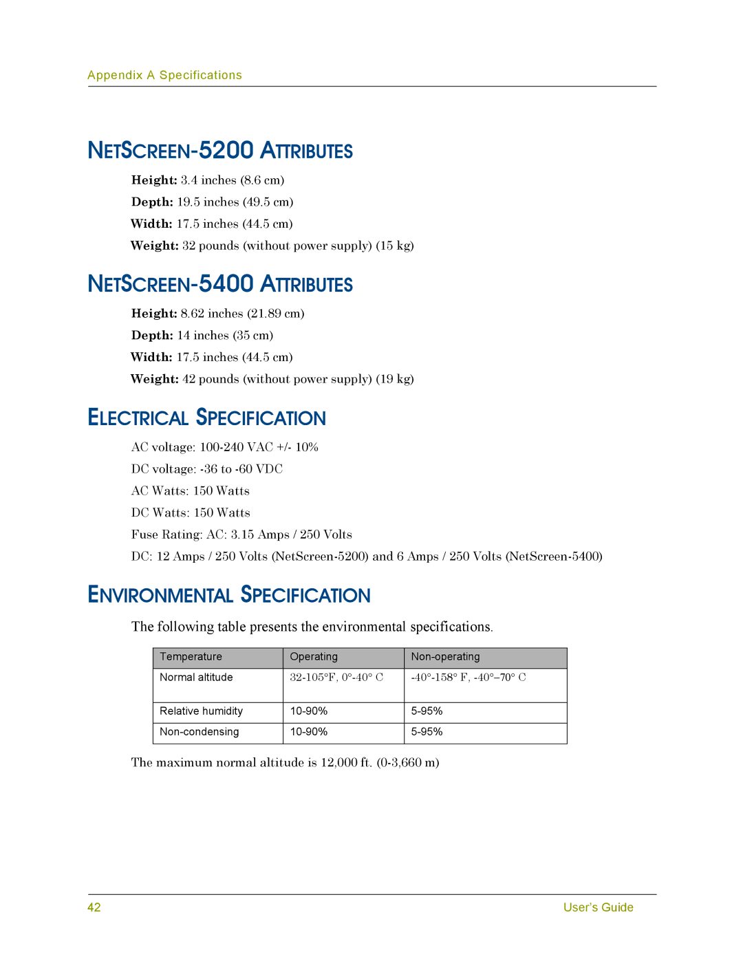 Juniper Networks 5000 SERIES manual NETSCREEN-5200 Attributes, NETSCREEN-5400 Attributes, Electrical Specification 