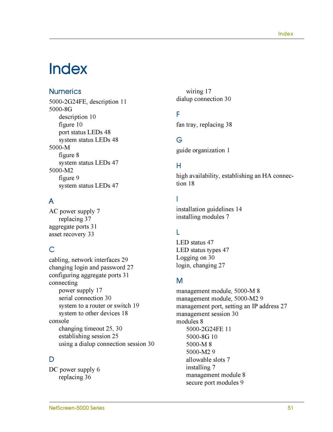 Juniper Networks 5000 SERIES manual Index 