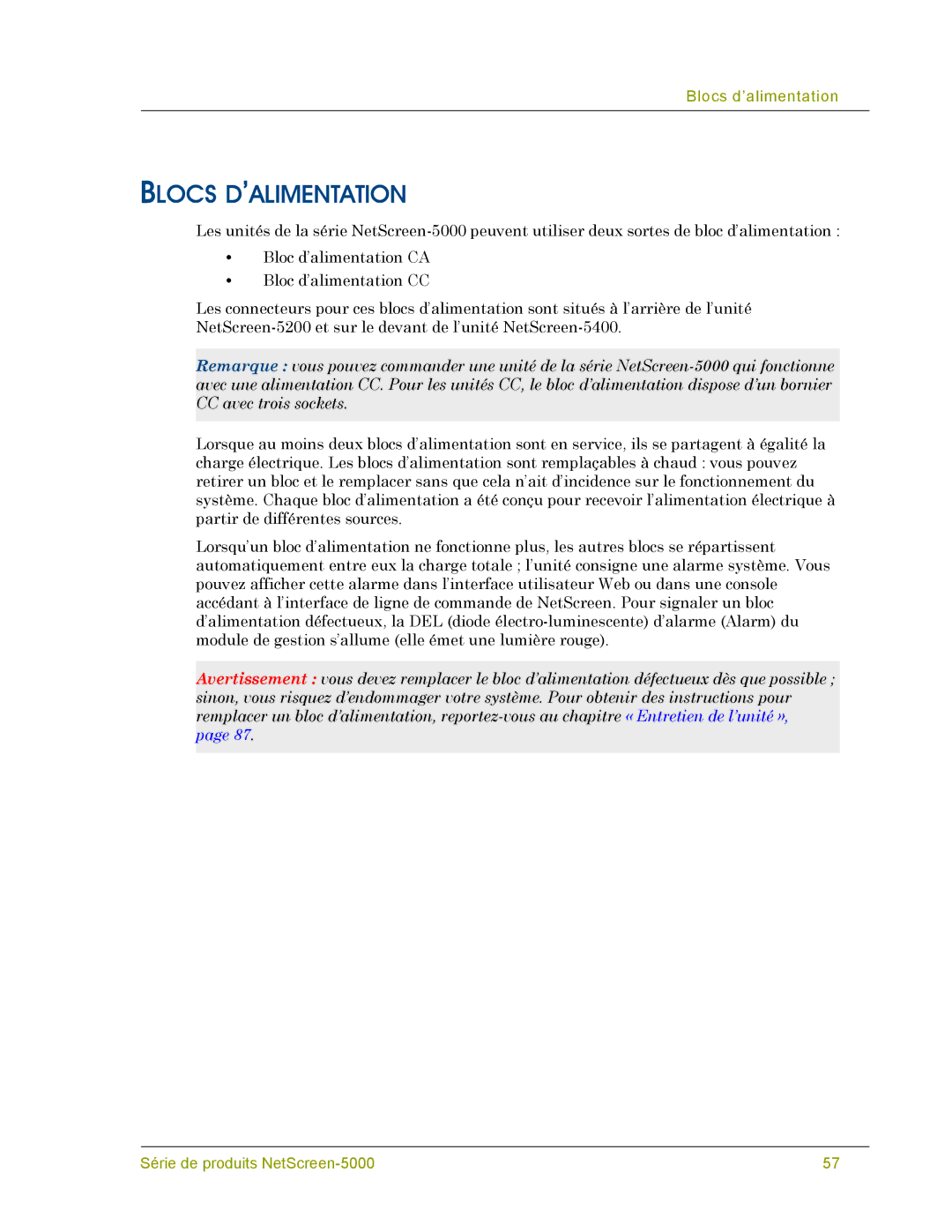 Juniper Networks 5000 SERIES manual Blocs D’ALIMENTATION 