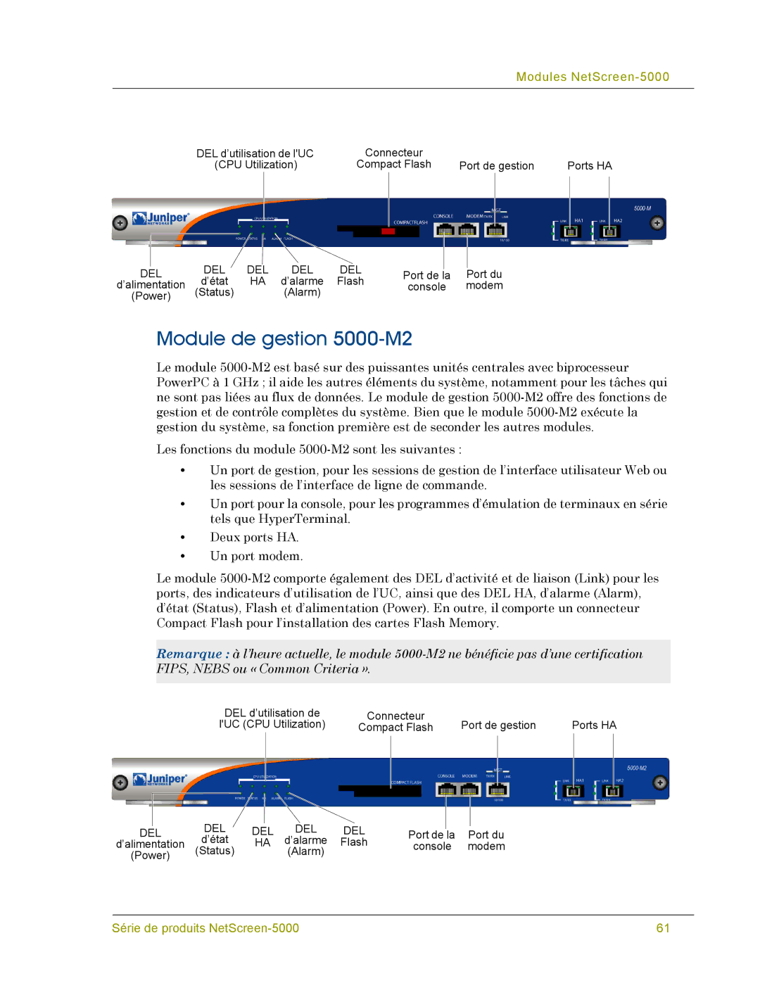 Juniper Networks 5000 SERIES manual Module de gestion 5000-M2, Modules NetScreen-5000 