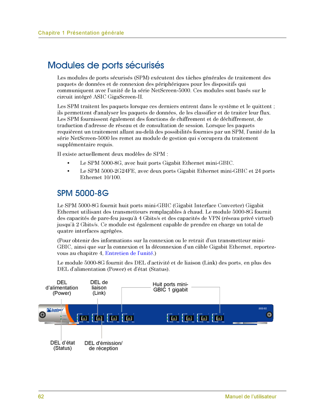 Juniper Networks 5000 SERIES manual Modules de ports sécurisés, SPM 5000-8G 