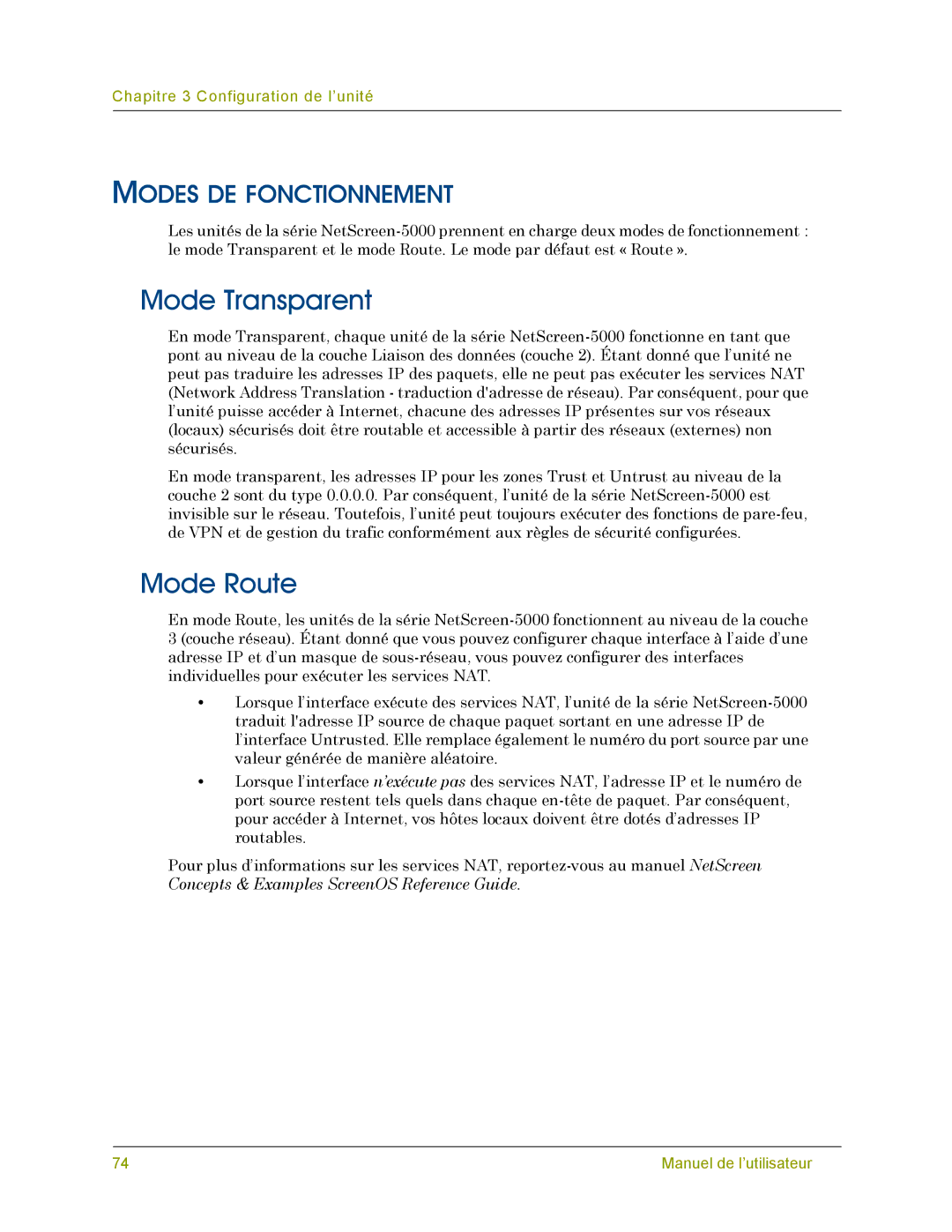 Juniper Networks 5000 SERIES manual Mode Transparent, Mode Route, Modes DE Fonctionnement 